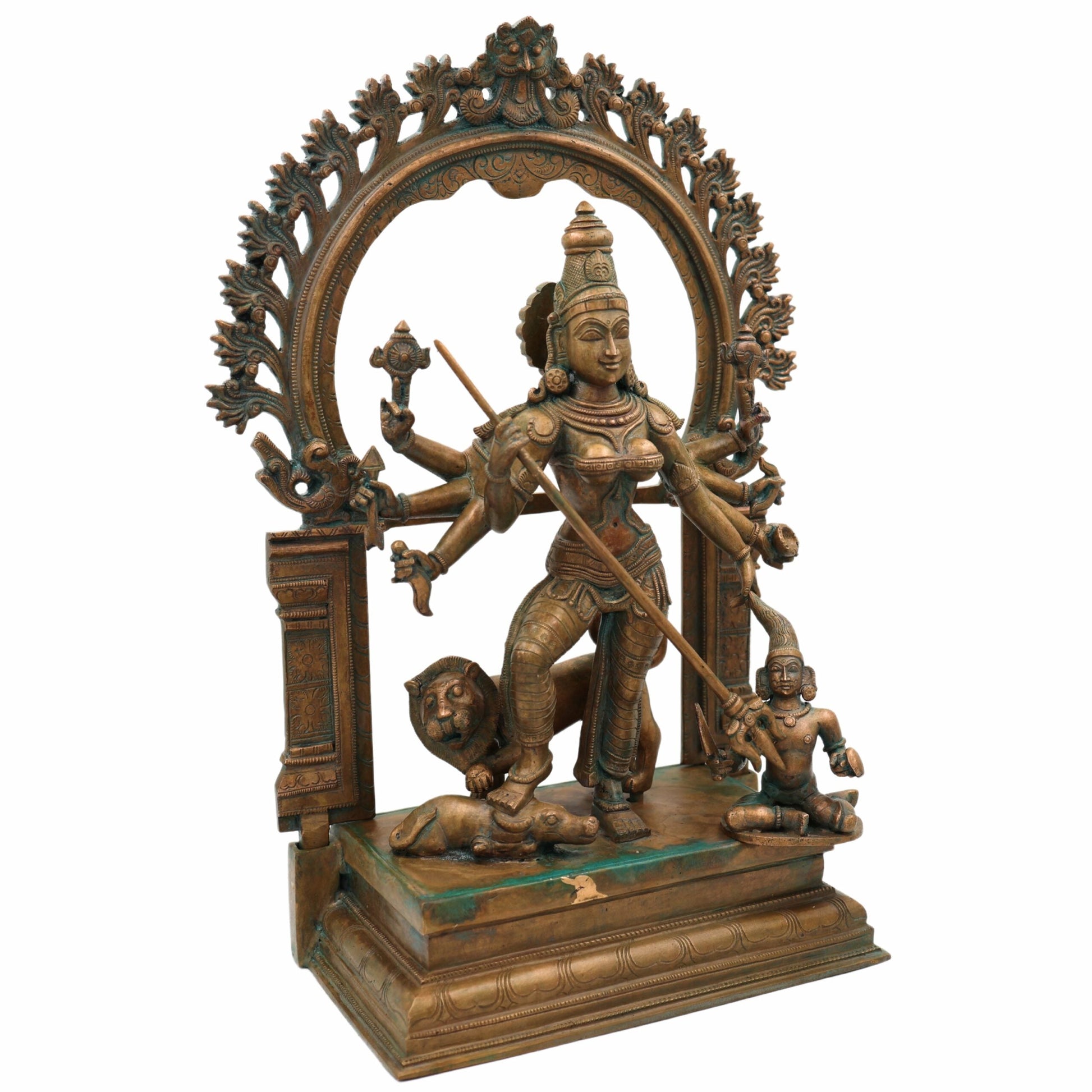 Handcrafted Panchaloha Durga Devi Idol | Bronze Mahishasura Mardini Murti | Chola Art Shakti Statue for Temple & Home,Brown, 18.5 Inch, 1 Piece