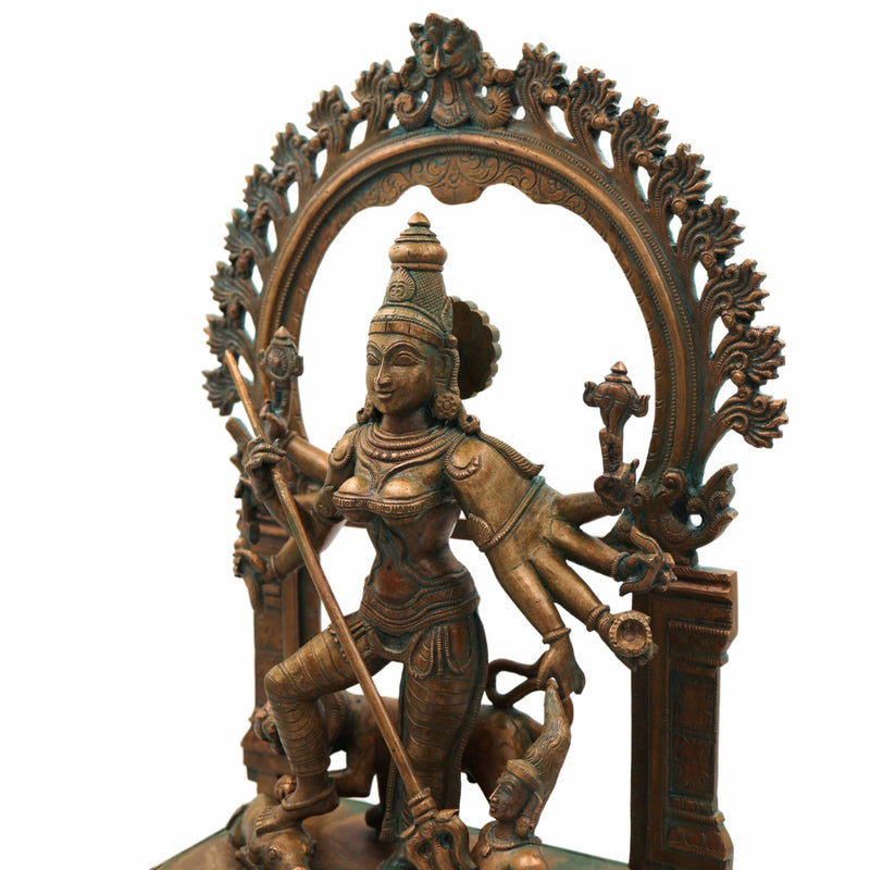 Handcrafted Panchaloha Durga Devi Idol | Bronze Mahishasura Mardini Murti | Chola Art Shakti Statue for Temple & Home,Brown, 18.5 Inch, 1 Piece