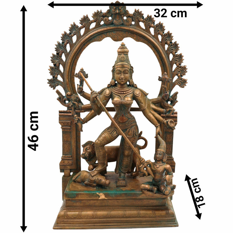 Handcrafted Panchaloha Durga Devi Idol | Bronze Mahishasura Mardini Murti | Chola Art Shakti Statue for Temple & Home,Brown, 18.5 Inch, 1 Piece