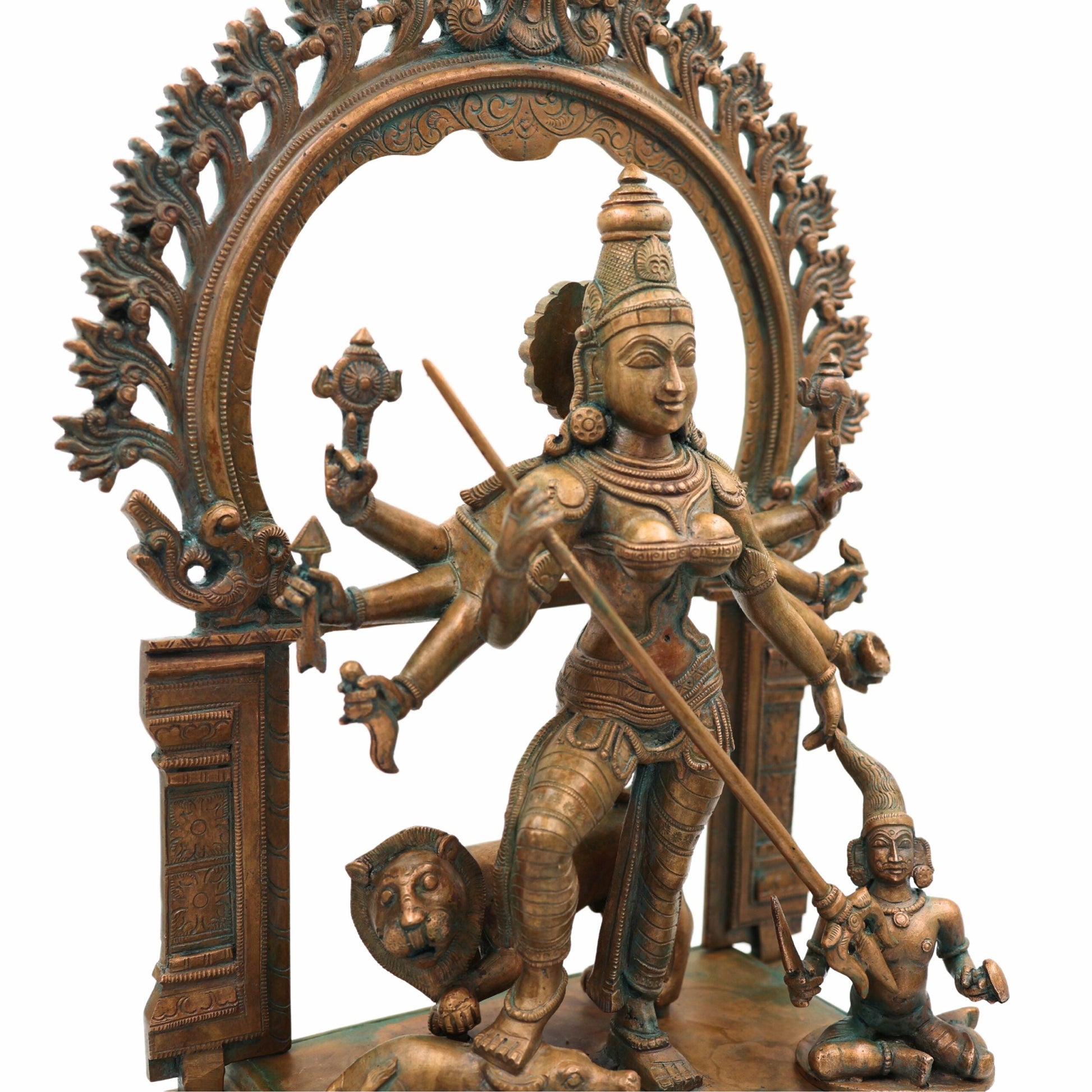 Handcrafted Panchaloha Durga Devi Idol | Bronze Mahishasura Mardini Murti | Chola Art Shakti Statue for Temple & Home,Brown, 18.5 Inch, 1 Piece