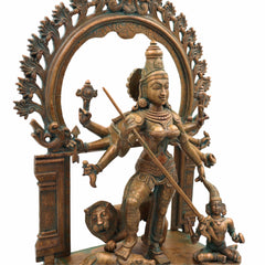 Handcrafted Panchaloha Durga Devi Idol | Bronze Mahishasura Mardini Murti | Chola Art Shakti Statue for Temple & Home,Brown, 18.5 Inch, 1 Piece
