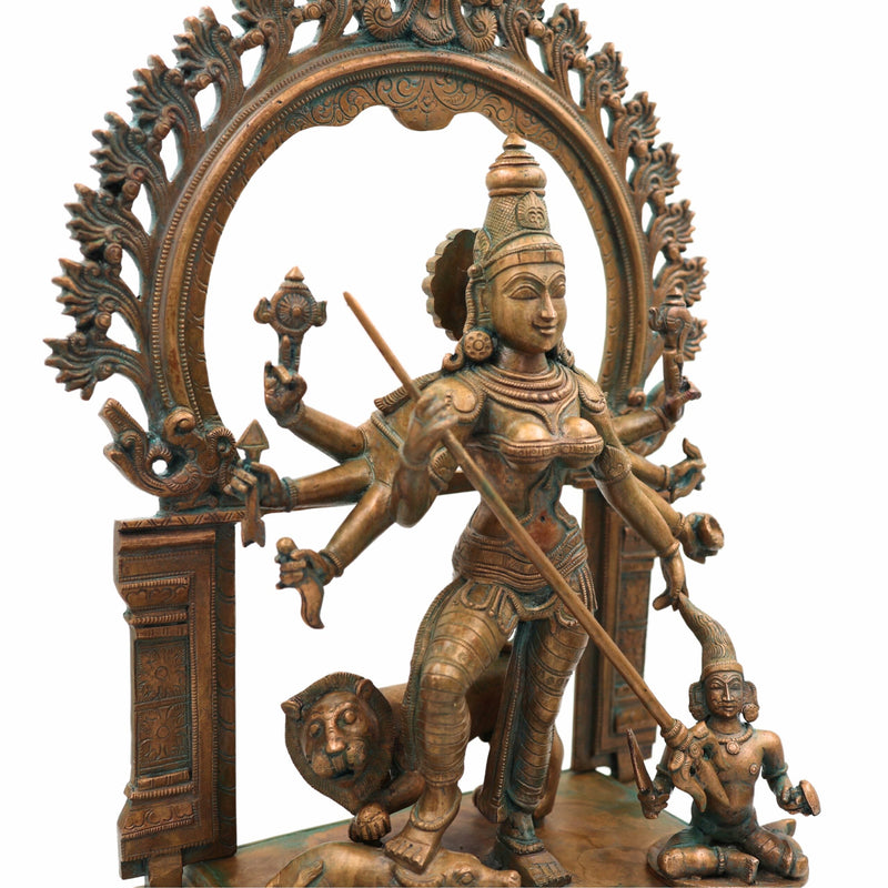 Handcrafted Panchaloha Durga Devi Idol | Bronze Mahishasura Mardini Murti | Chola Art Shakti Statue for Temple & Home,Brown, 18.5 Inch, 1 Piece