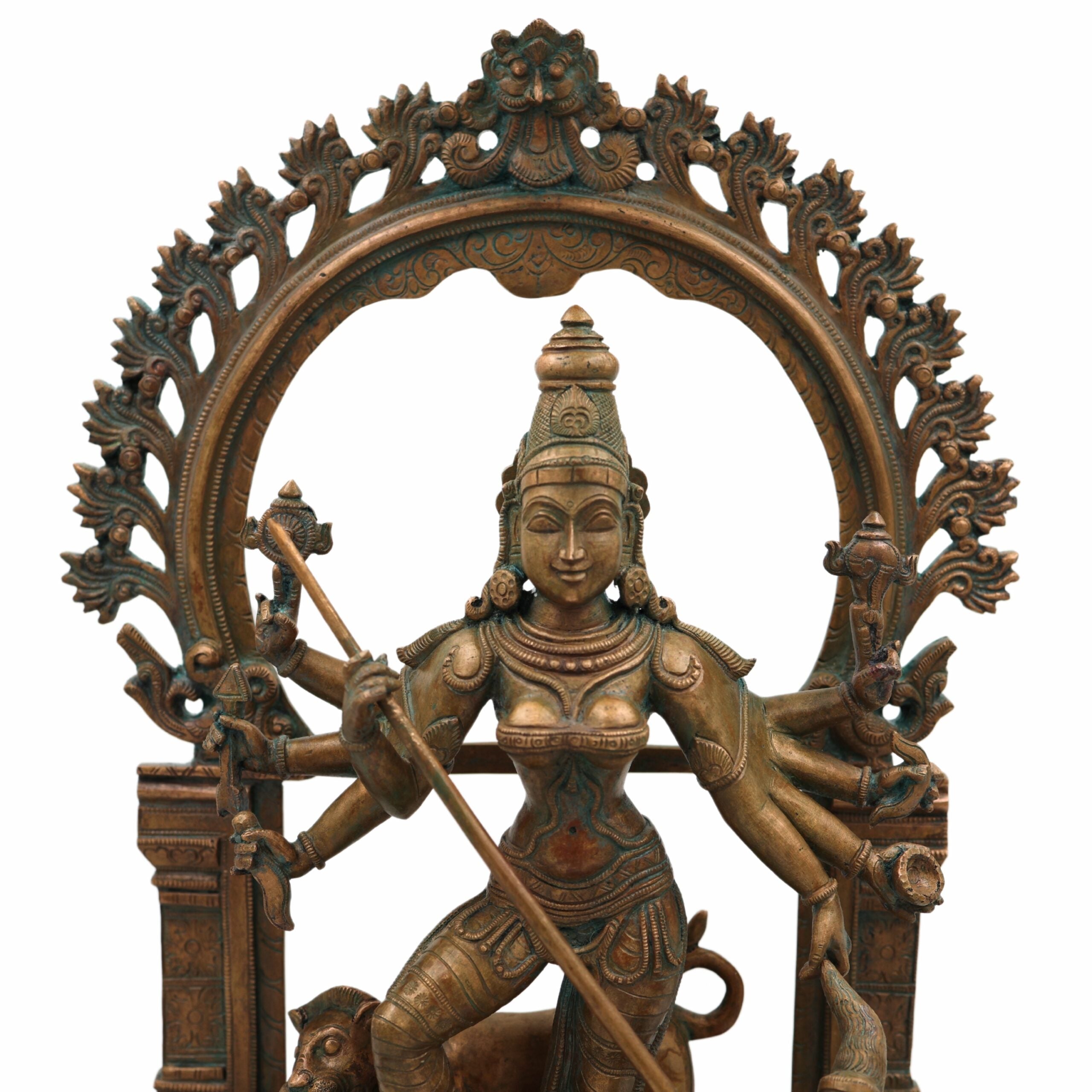 Handcrafted Panchaloha Durga Devi Idol | Bronze Mahishasura Mardini Murti | Chola Art Shakti Statue for Temple & Home,Brown, 18.5 Inch, 1 Piece