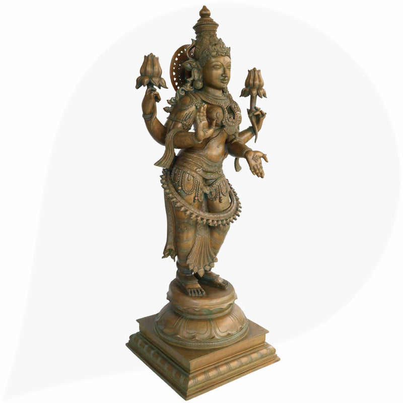 3ft Panchaloha Mahalakshmi Idol in Bronze, Handmade Goddess Lakshmi, Kamala Devi | Gajalakshmi | South Indian Chola Art Sculpture for Home & Temple,Brown, 40 Inch, 1 Piece