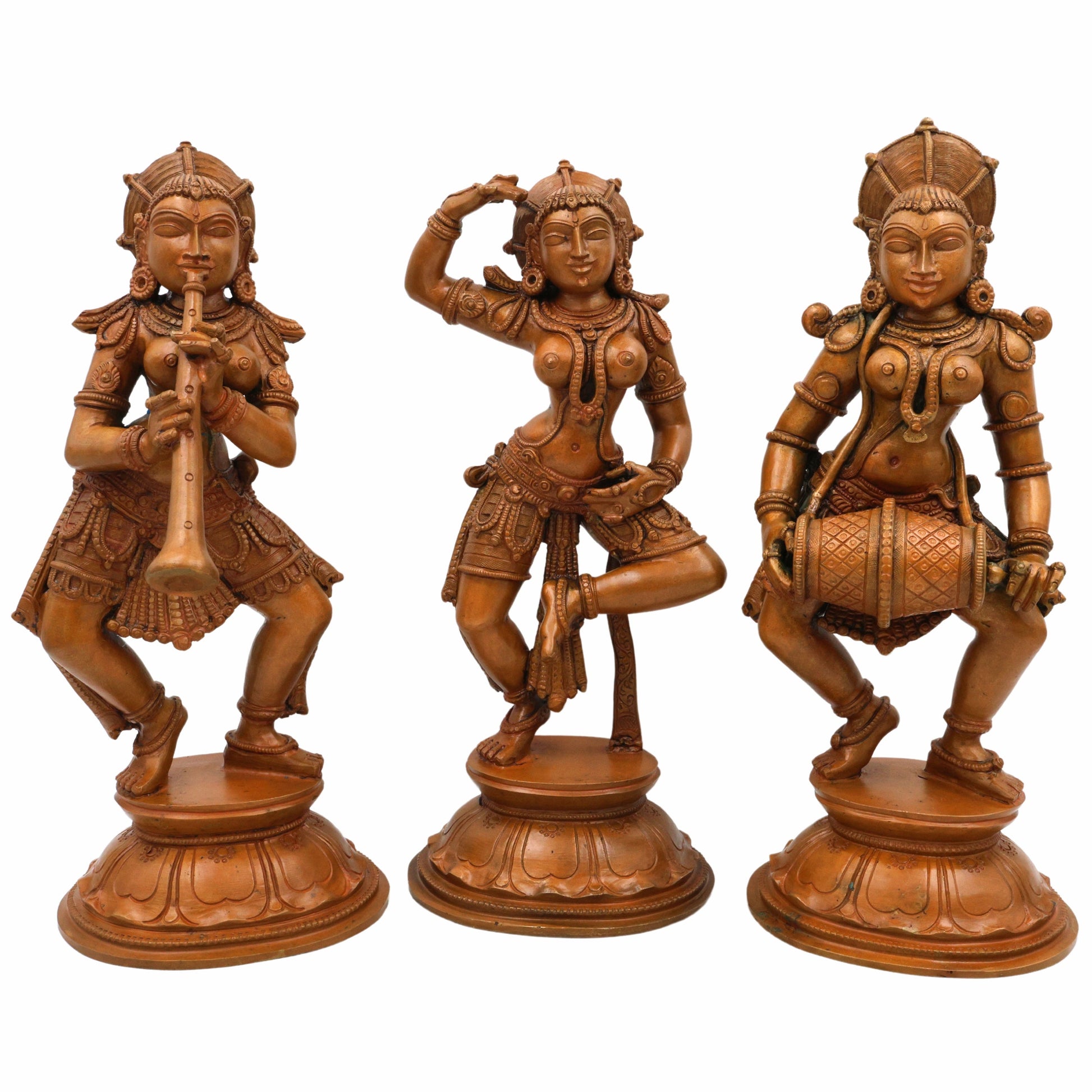 Bronze Musical Ladies Set, Folk Singers Sculptures, Handcrafted Panchaloha Figurines, Decorative Folk Art Statues, Traditional Brass Figures, Indian Handcrafted Folk Music Statues, Panchaloha Decorative Sculptures, Brown, 11 Inch, 1 Piece