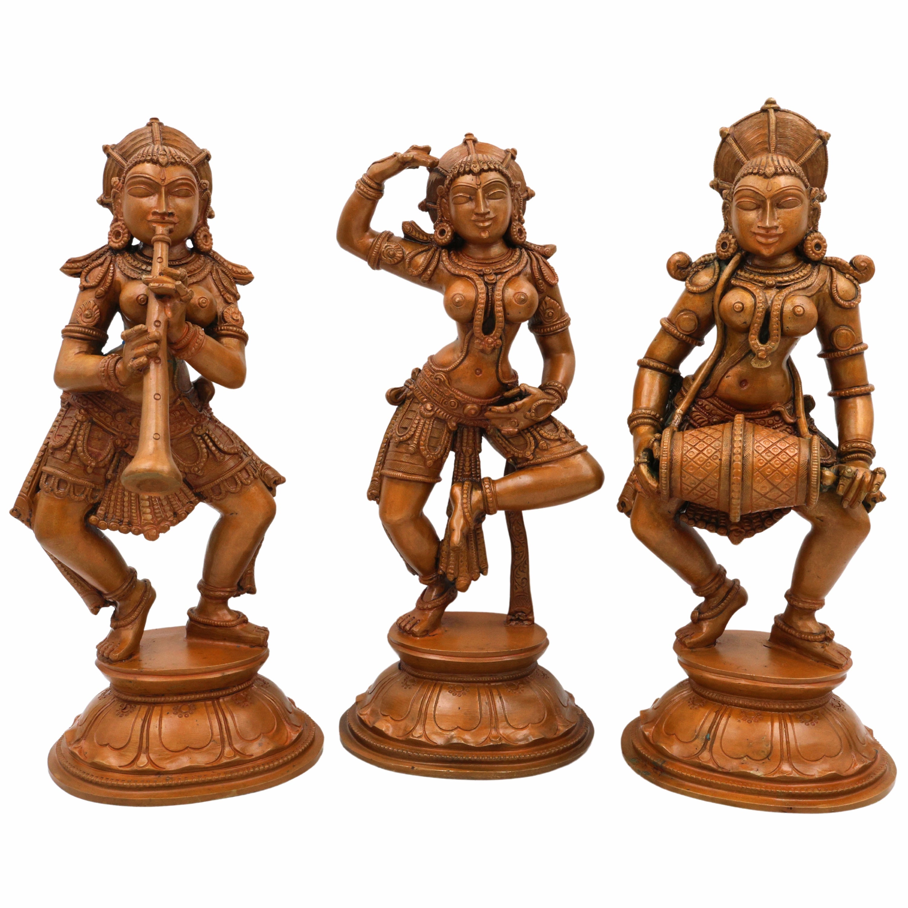 Bronze Musical Ladies Set, Folk Singers Sculptures, Handcrafted Panchaloha Figurines, Decorative Folk Art Statues, Traditional Brass Figures, Indian Handcrafted Folk Music Statues, Panchaloha Decorative Sculptures, Brown, 11 Inch, 1 Piece