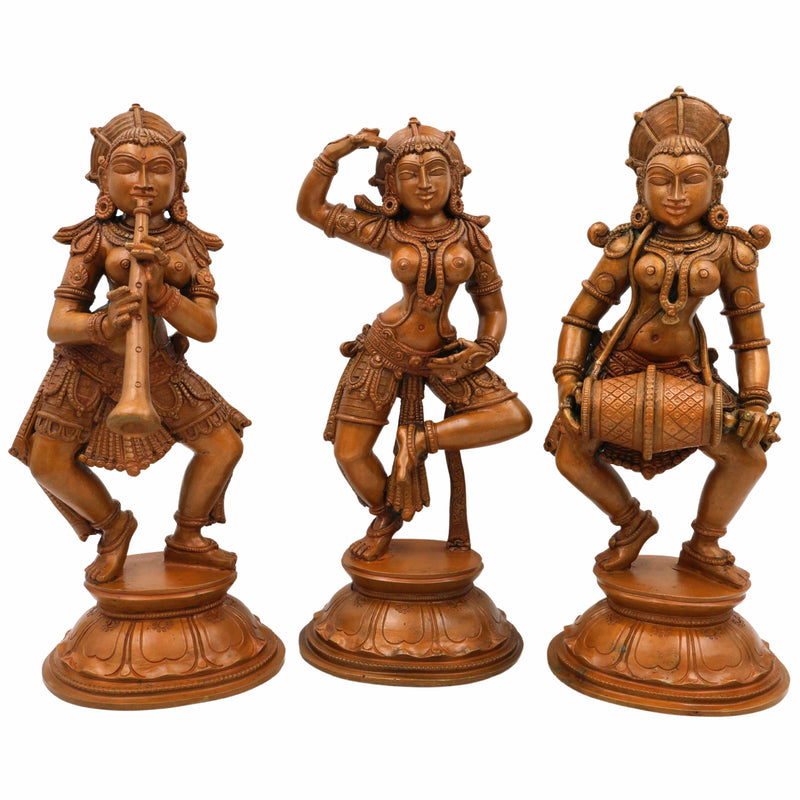 Bronze Musical Ladies Set, Folk Singers Sculptures, Handcrafted Panchaloha Figurines, Decorative Folk Art Statues, Traditional Brass Figures, Indian Handcrafted Folk Music Statues, Panchaloha Decorative Sculptures, Brown, 11 Inch, 1 Piece