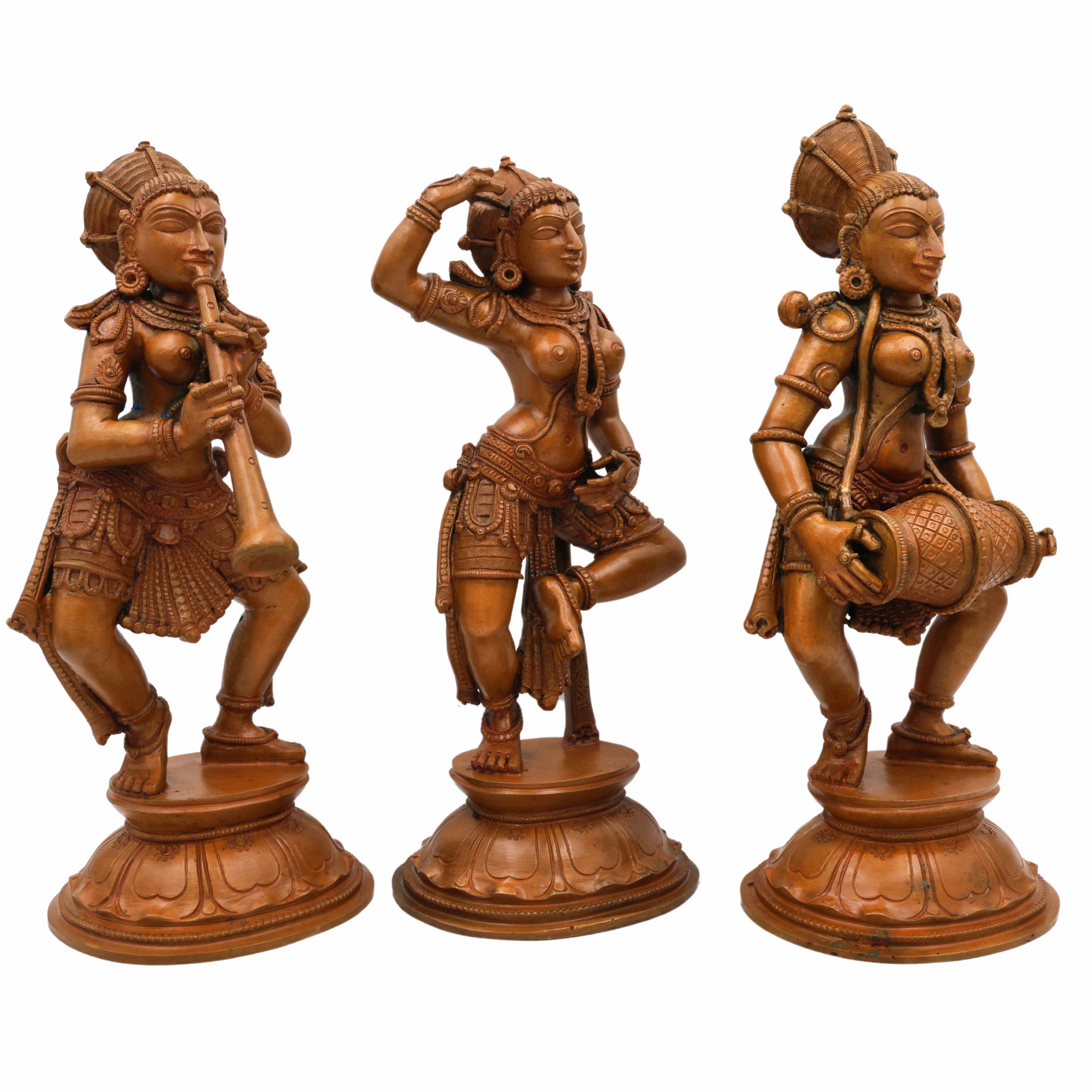 Bronze Musical Ladies Set, Folk Singers Sculptures, Handcrafted Panchaloha Figurines, Decorative Folk Art Statues, Traditional Brass Figures, Indian Handcrafted Folk Music Statues, Panchaloha Decorative Sculptures, Brown, 11 Inch, 1 Piece