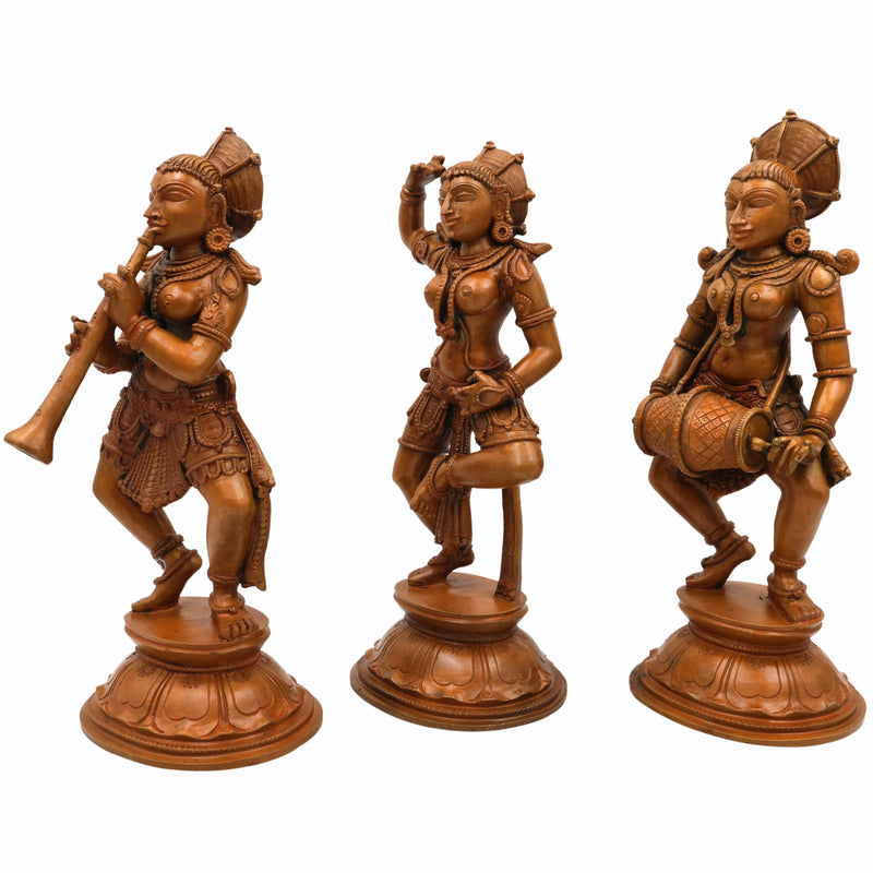 Bronze Musical Ladies Set, Folk Singers Sculptures, Handcrafted Panchaloha Figurines, Decorative Folk Art Statues, Traditional Brass Figures, Indian Handcrafted Folk Music Statues, Panchaloha Decorative Sculptures, Brown, 11 Inch, 1 Piece