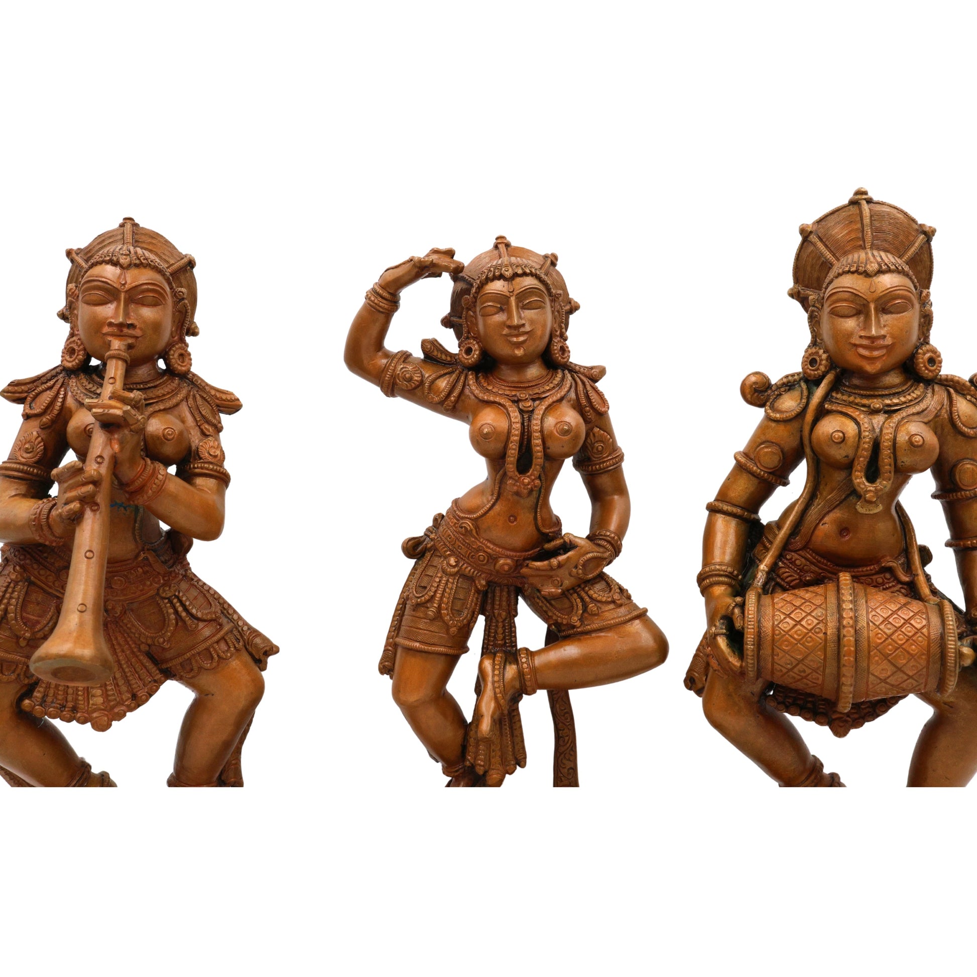 Bronze Musical Ladies Set, Folk Singers Sculptures, Handcrafted Panchaloha Figurines, Decorative Folk Art Statues, Traditional Brass Figures, Indian Handcrafted Folk Music Statues, Panchaloha Decorative Sculptures, Brown, 11 Inch, 1 Piece