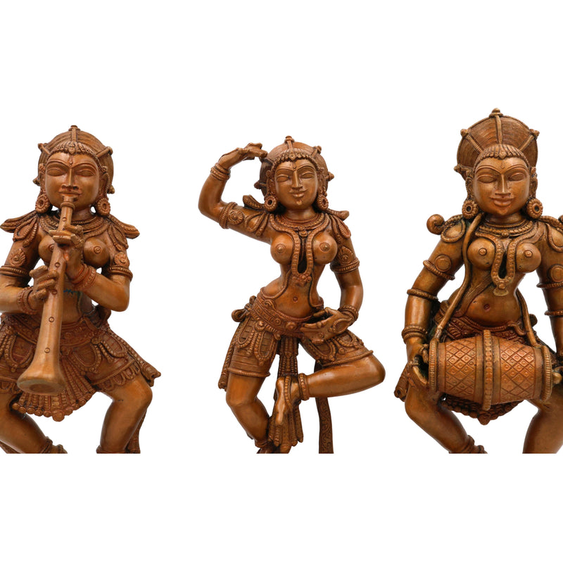 Bronze Musical Ladies Set, Folk Singers Sculptures, Handcrafted Panchaloha Figurines, Decorative Folk Art Statues, Traditional Brass Figures, Indian Handcrafted Folk Music Statues, Panchaloha Decorative Sculptures, Brown, 11 Inch, 1 Piece