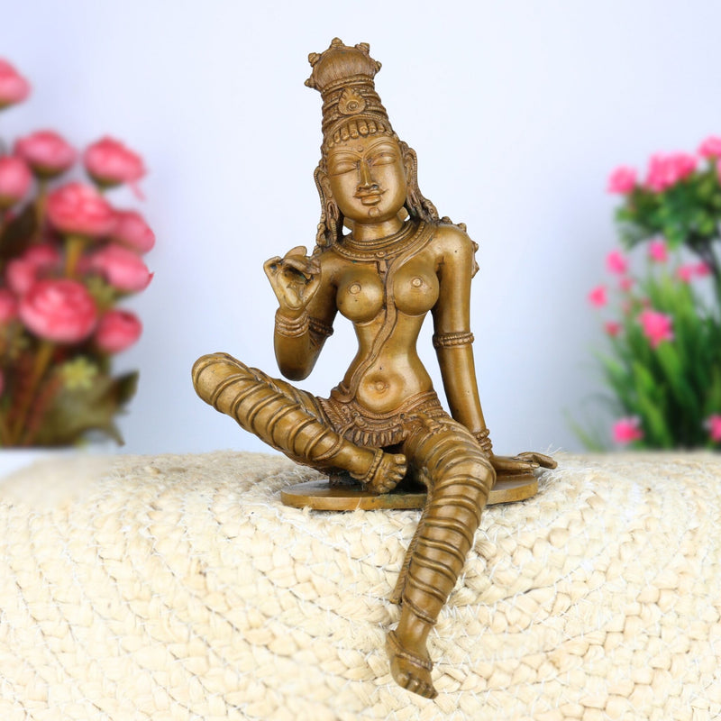 Bronze Panchaloha Goddess Parvati Idol, Handmade Shivagami Murti, Parvati Mata Statue, Adi Parashakti Sculpture, Parwathi Devi Panchadatu Silai, Boga Sakthi Figurine for Home Pooja, Brown, 9.5 Inch, 1 Piece