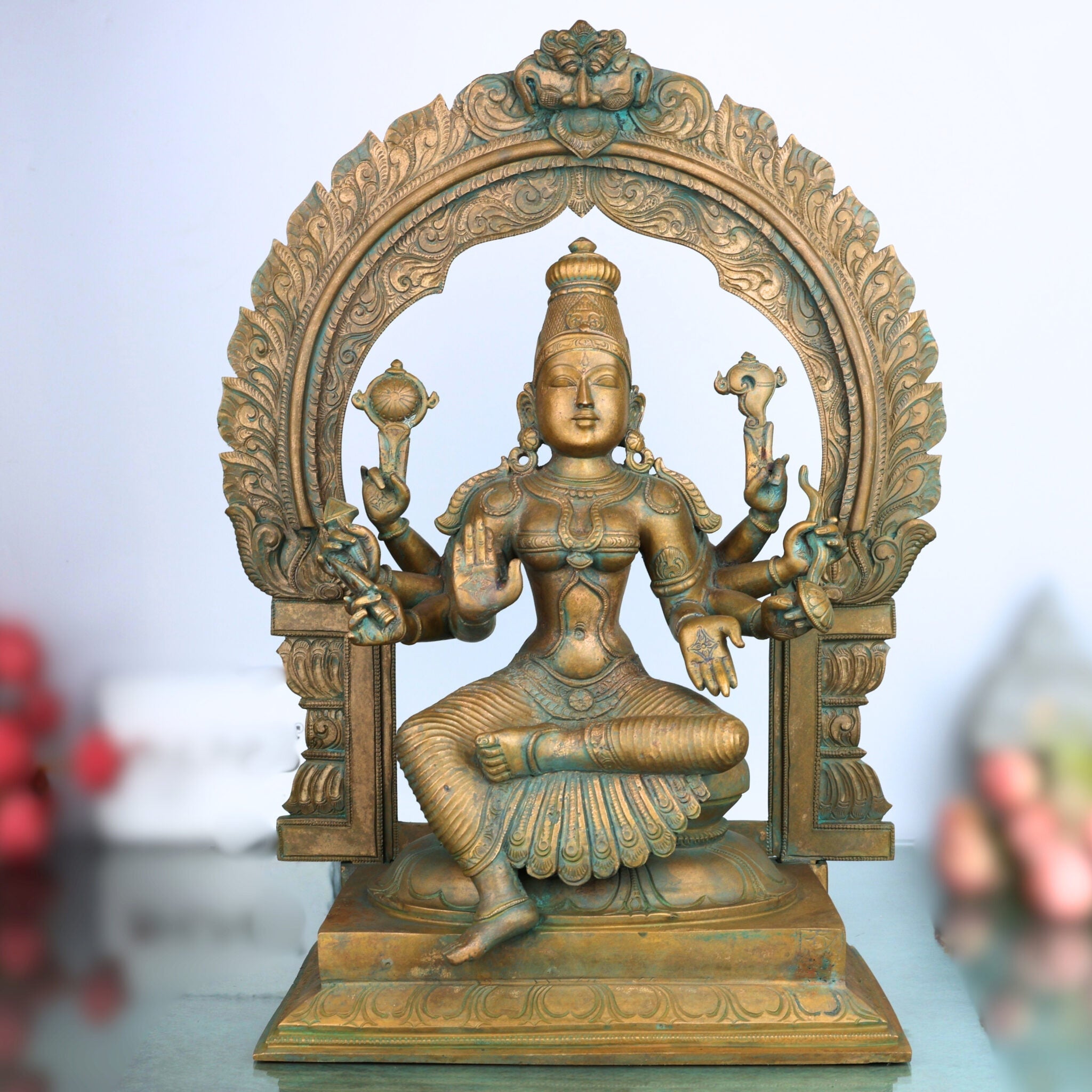 Panchaloha Bhuvaneshwari Idol, Goddess Handmade Bronze Bhuneshwari Devi, Six-Armed Parvati, Traditional Handmade Murti, Hindu Spiritual Sculpture, Brown, 18 Inch, 1 Piece