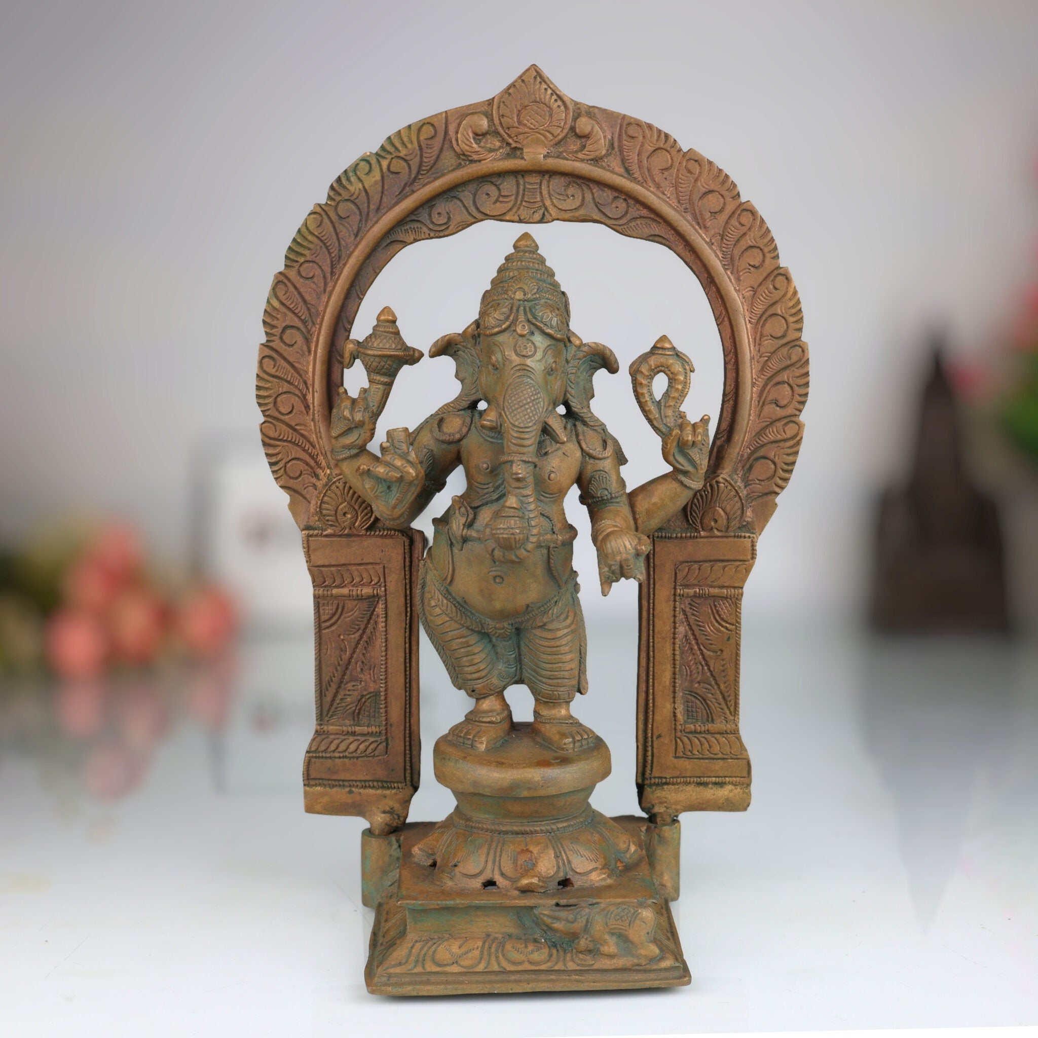 Panchaloha Handmade Bronze Ganesha Idol, Panchadhatu Ganpati Murti, Standing Ganesh Vigraha for Home, Temple & Puja, Brown, 10.5 Inch, 1 Piece