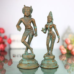Bronze Vrishavahana Parvati Idol, Handmade Panchaloha Shiva Parvati Statue, Home Temple Decor, Brown, 9 Inch, 1 Piece