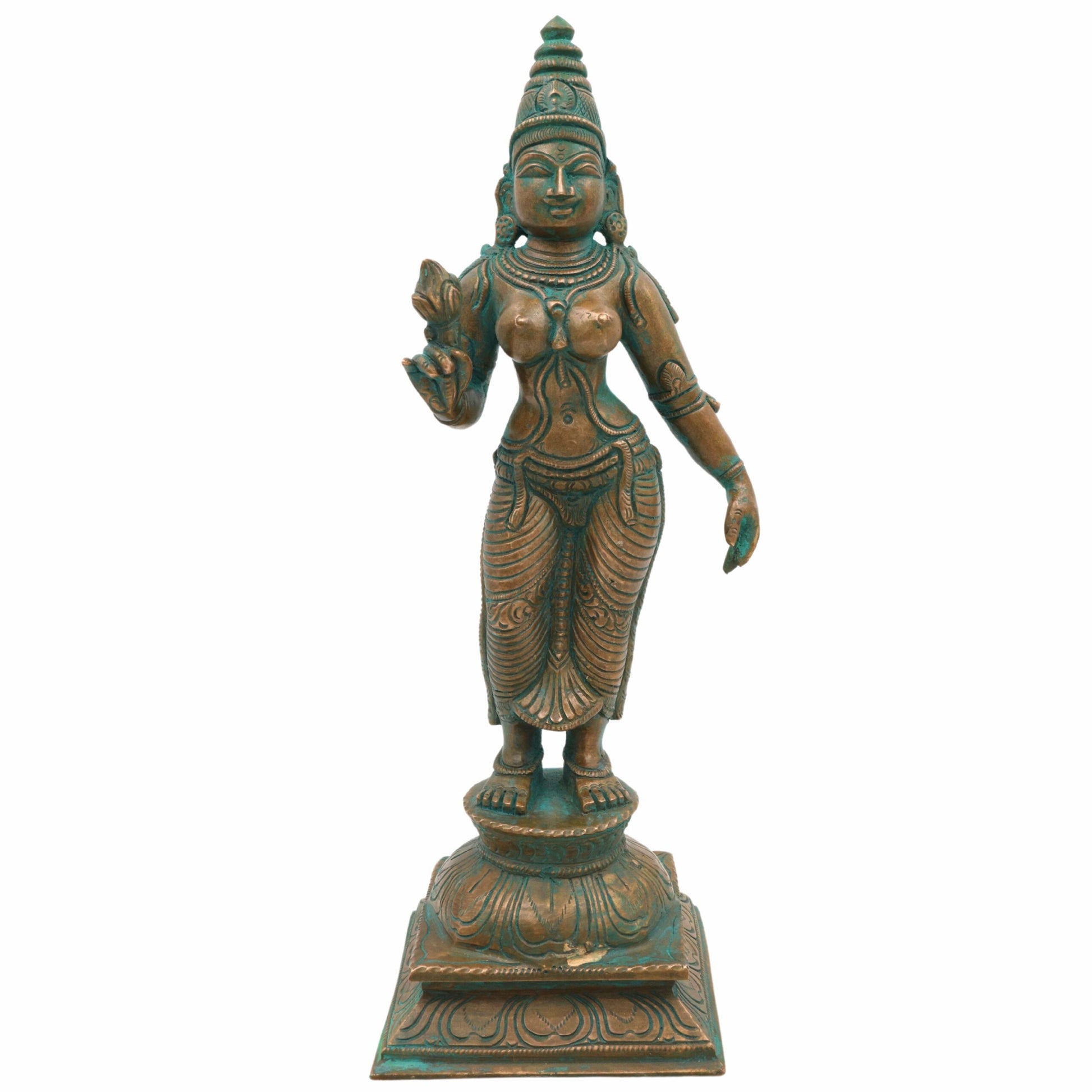 Handmade Bronze Shridevi Idol | Panchaloha Lakshmi Murti | Mahalakshmi, Padmavati, Kamala Statue for Prosperity & Home Decor,Brown, 10.5 Inch, 1 Piece