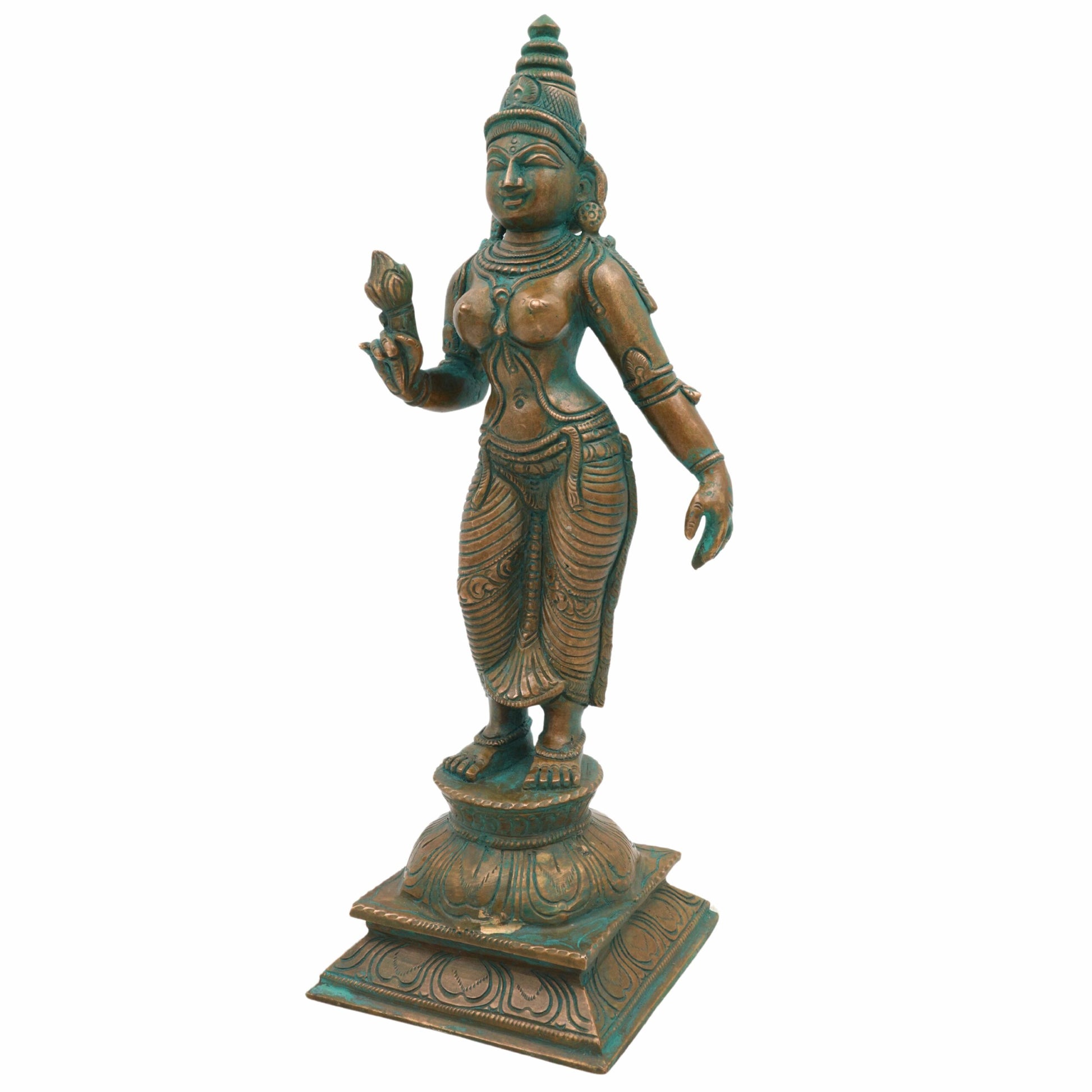 Handmade Bronze Shridevi Idol | Panchaloha Lakshmi Murti | Mahalakshmi, Padmavati, Kamala Statue for Prosperity & Home Decor,Brown, 10.5 Inch, 1 Piece