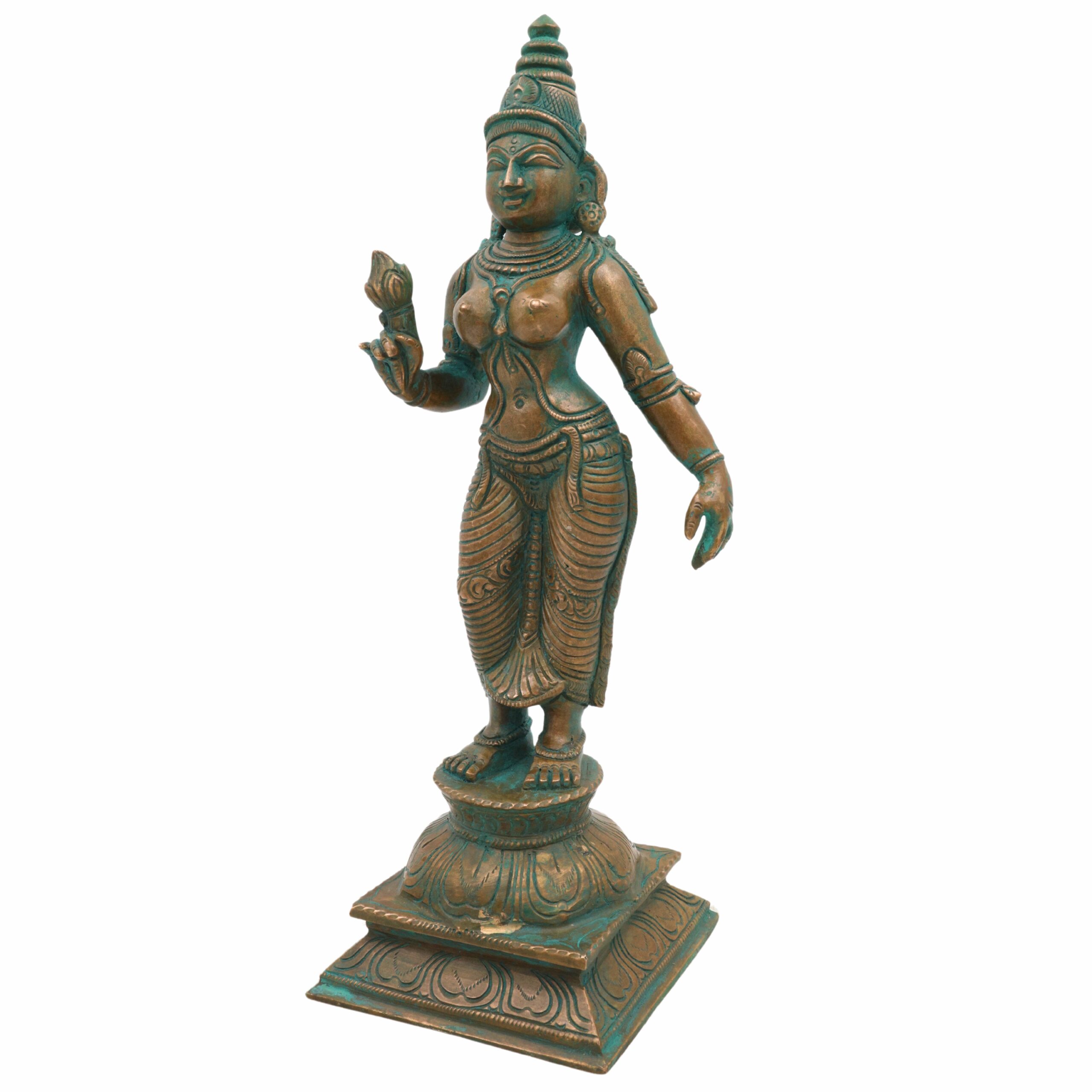 Handmade Bronze Shridevi Idol | Panchaloha Lakshmi Murti | Mahalakshmi, Padmavati, Kamala Statue for Prosperity & Home Decor,Brown, 10.5 Inch, 1 Piece