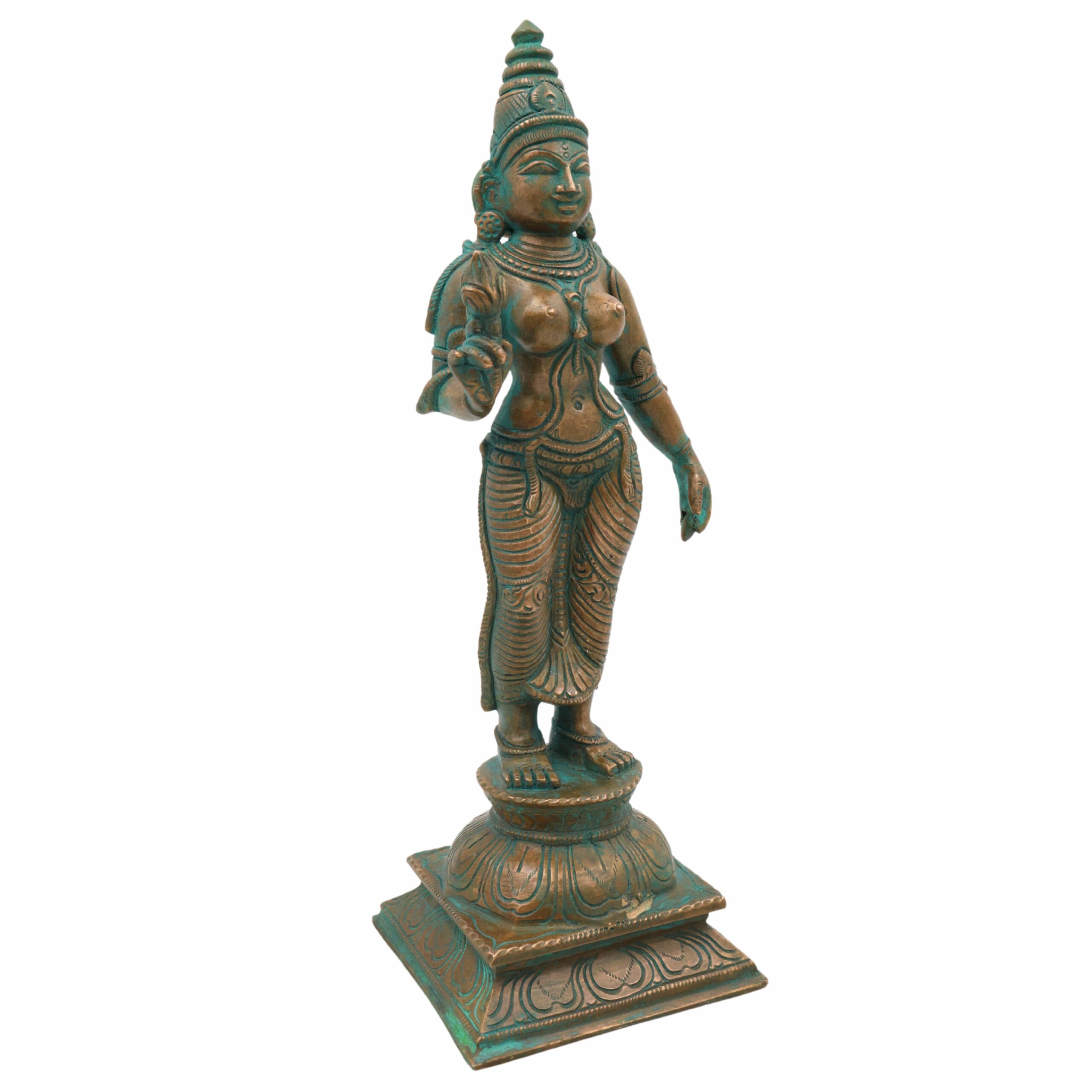 Handmade Bronze Shridevi Idol | Panchaloha Lakshmi Murti | Mahalakshmi, Padmavati, Kamala Statue for Prosperity & Home Decor,Brown, 10.5 Inch, 1 Piece