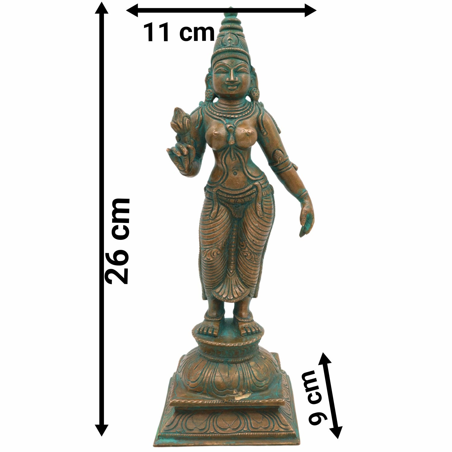Handmade Bronze Shridevi Idol | Panchaloha Lakshmi Murti | Mahalakshmi, Padmavati, Kamala Statue for Prosperity & Home Decor,Brown, 10.5 Inch, 1 Piece