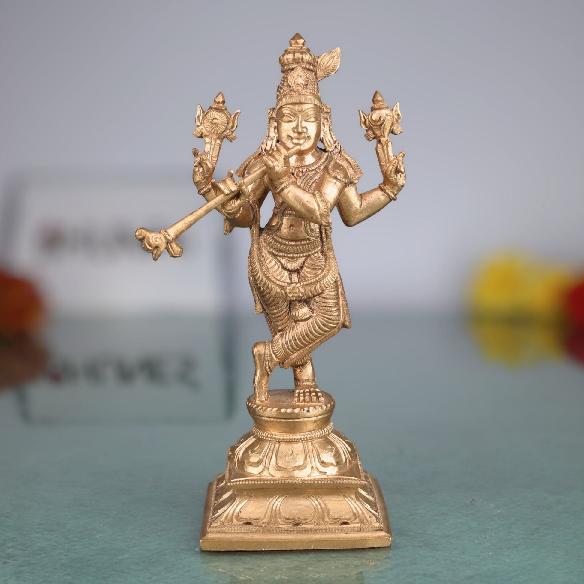 Handcrafted Panchaloha Bronze Krishna Idol – Kanha, Gopal, Govinda, Banke Bihari Murti for Home & Temple,Gold, 6.5 Inch, 1 Piece