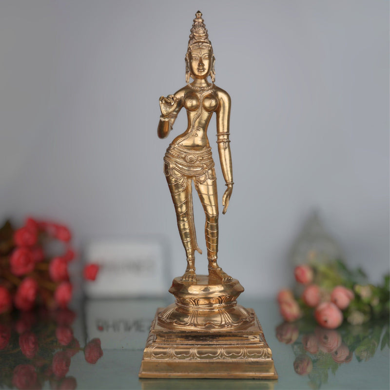 Handcrafted Bronze Panchaloha Parvathi Idol – South Indian Chola Art Sivagami / Sivakami / Shivakami Goddess Sculpture for Temple & Home Décor,Gold, 18.5 Inch, 1 Piece