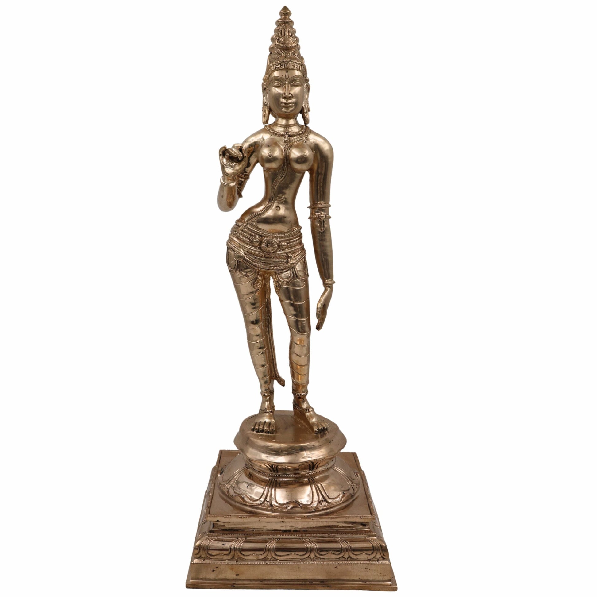Handcrafted Bronze Panchaloha Parvathi Idol – South Indian Chola Art Sivagami / Sivakami / Shivakami Goddess Sculpture for Temple & Home Décor,Gold, 18.5 Inch, 1 Piece