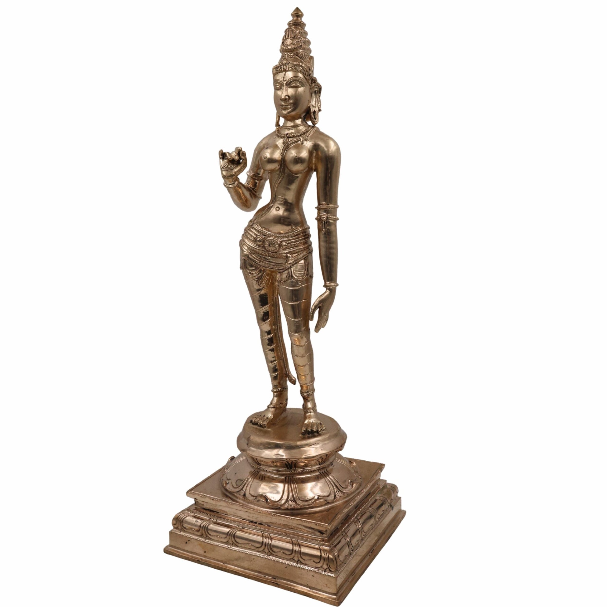 Handcrafted Bronze Panchaloha Parvathi Idol – South Indian Chola Art Sivagami / Sivakami / Shivakami Goddess Sculpture for Temple & Home Décor,Gold, 18.5 Inch, 1 Piece