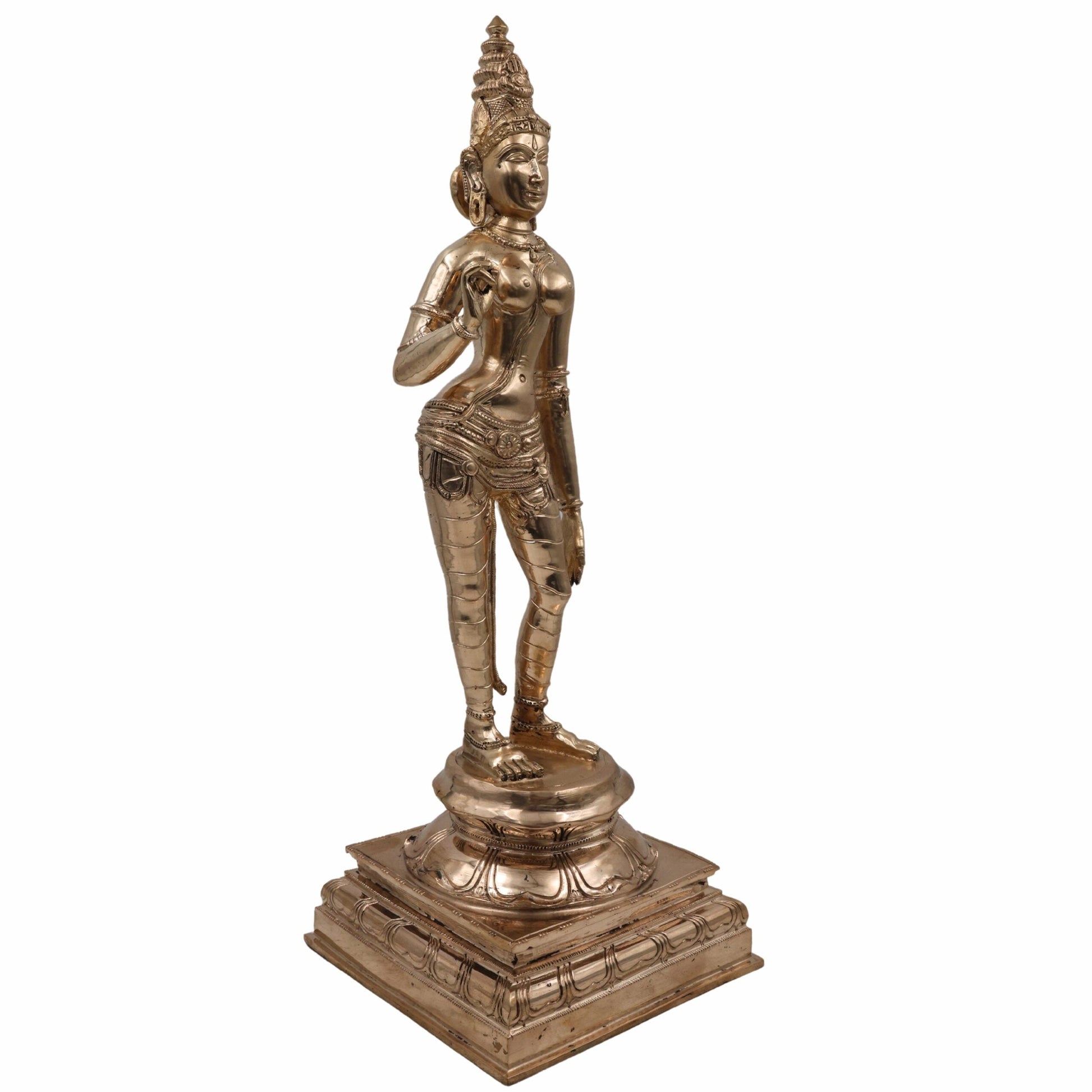 Handcrafted Bronze Panchaloha Parvathi Idol – South Indian Chola Art Sivagami / Sivakami / Shivakami Goddess Sculpture for Temple & Home Décor,Gold, 18.5 Inch, 1 Piece