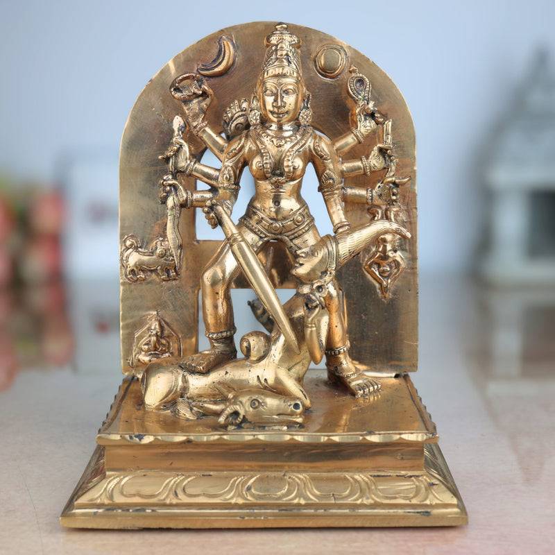 Handcrafted Bronze Mahishasura Mardini Durga Chamundeshwari Idol – Panchaloha Chola Art Goddess Shakti Devi Statue for Home Temple & Gifting,Gold, 6.5 Inch, 1 Piece