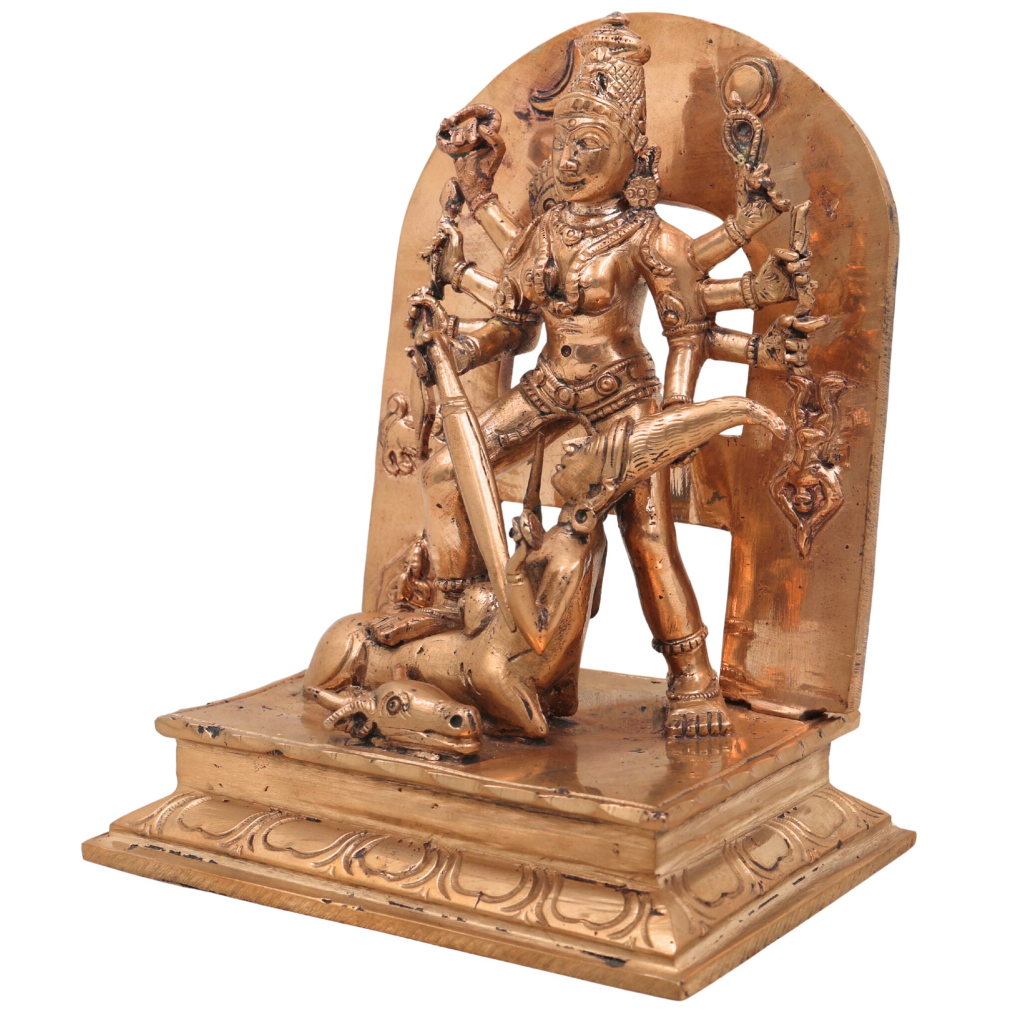 Handcrafted Bronze Mahishasura Mardini Durga Chamundeshwari Idol – Panchaloha Chola Art Goddess Shakti Devi Statue for Home Temple & Gifting,Gold, 6.5 Inch, 1 Piece