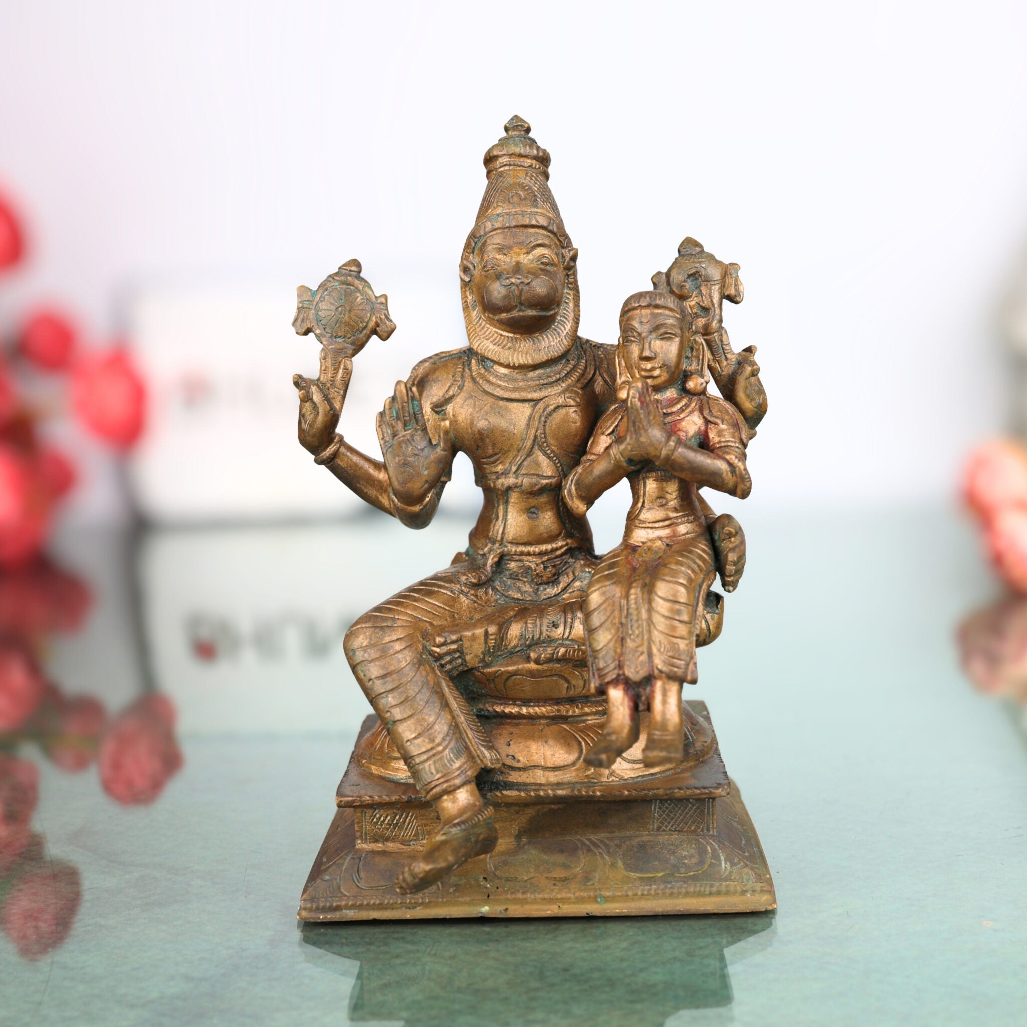 Bronze Panchaloha Lakshmi Narasimha Swamy with Prahlad Idol | Sri Laxmi Narasimha Murti Vigraham for Puja, Temple, Home Decor,Brown, 6 Inch, 1 Piece