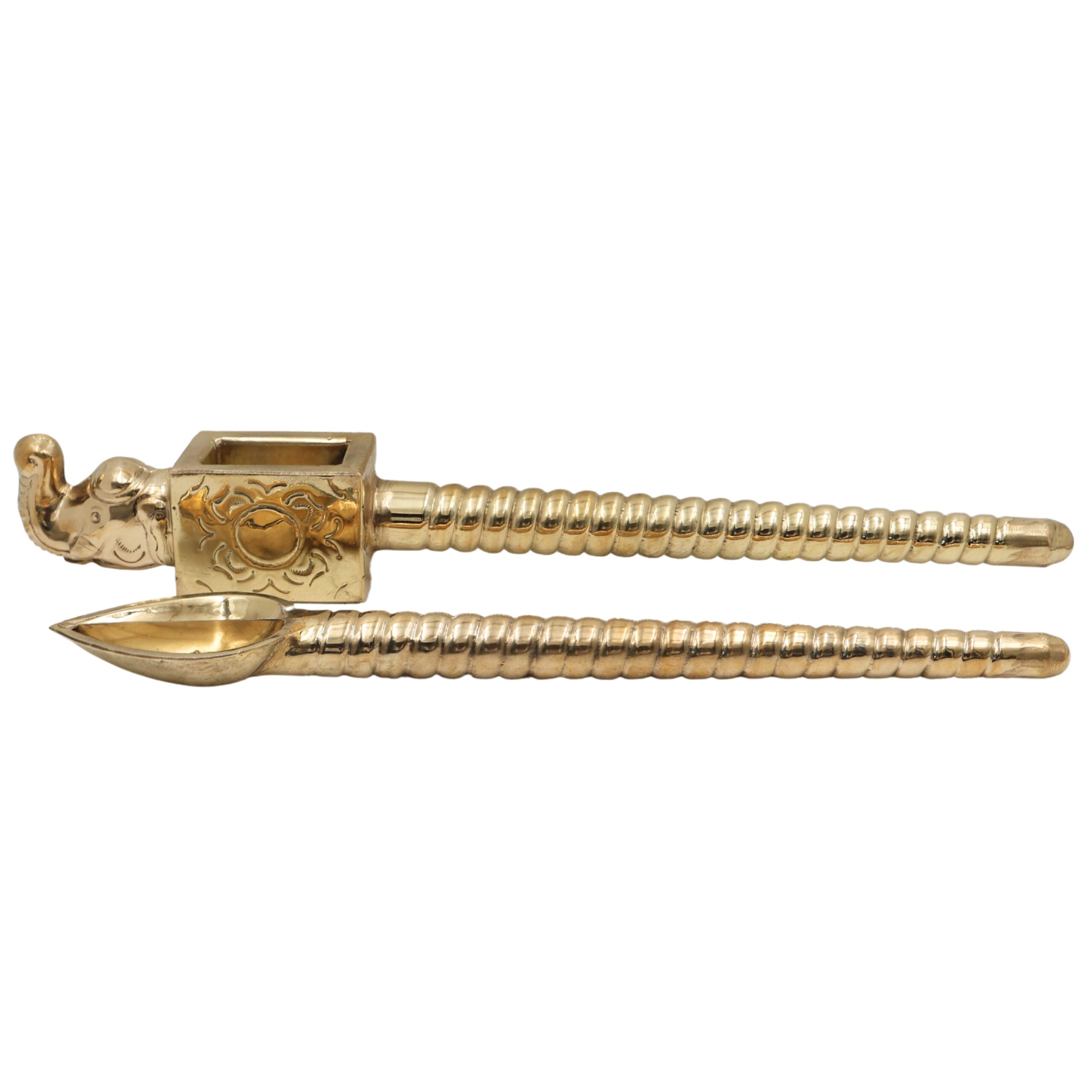 Brass Handcrafted Elephant Shaped Havan Spoons (Set of 2) – Traditional Yajna Achamani Sruva for Agnihotra & Vedic Rituals, Gold, 20 Inch, 2 Piece
