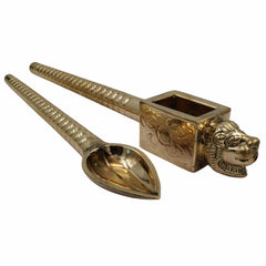 Brass Lion Head Homa Spoon Set For Vedic Sacrifices Yajna, Achamani Spoons For Havan,Gold, 18.5 Inch, 1 Piece