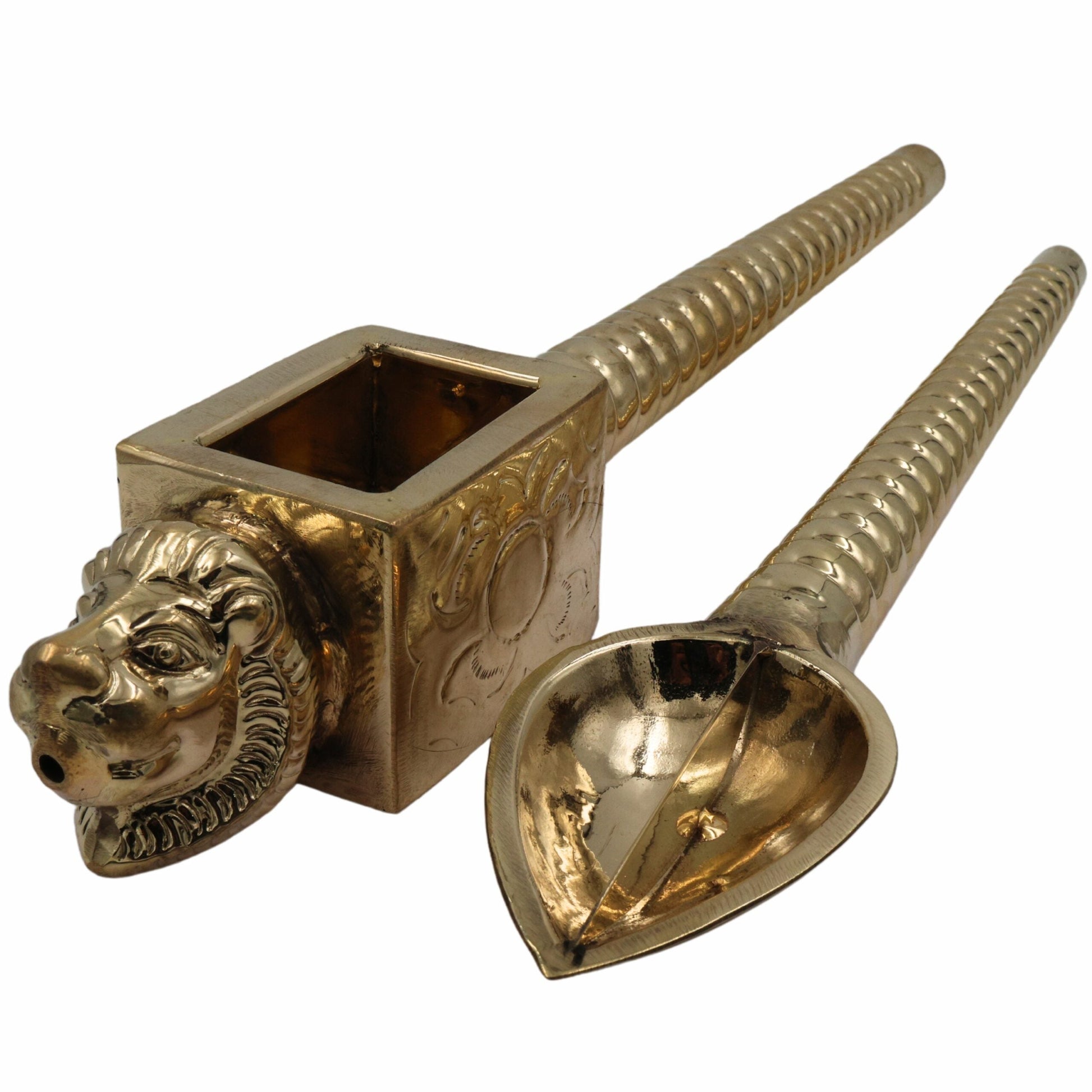 Brass Lion Head Homa Spoon Set For Vedic Sacrifices Yajna, Achamani Spoons For Havan,Gold, 18.5 Inch, 1 Piece