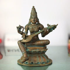 Bronze Panchadhatu Saraswati Murti, Vidya Devi Idol, Saraswati Statue for Home, Temple & Pooja Decor, Brown, 9 Inch, 1 Piece