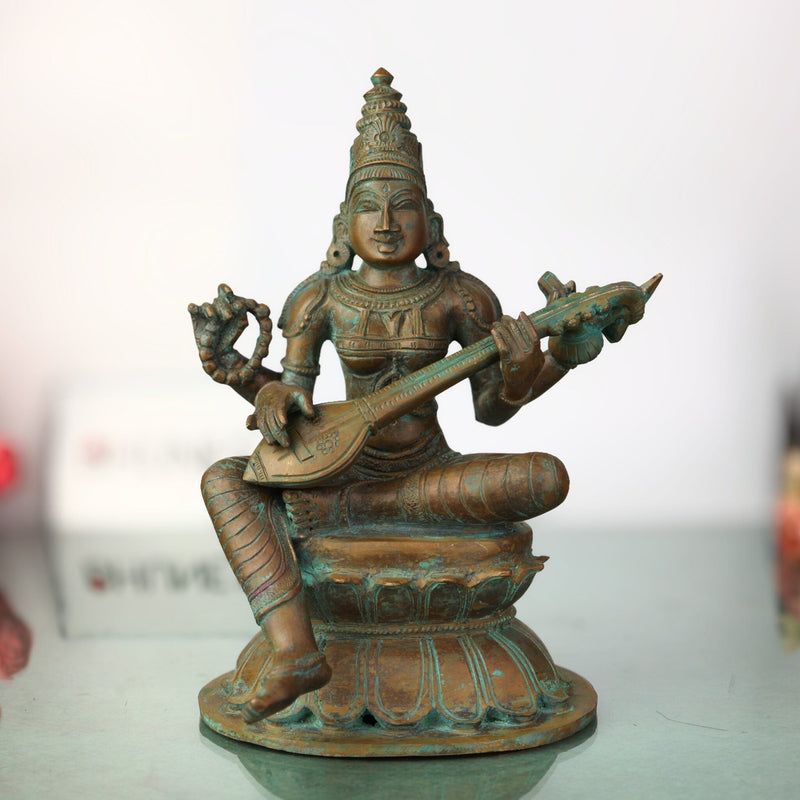 Bronze Panchadhatu Saraswati Murti, Vidya Devi Idol, Saraswati Statue for Home, Temple & Pooja Decor, Brown, 9 Inch, 1 Piece
