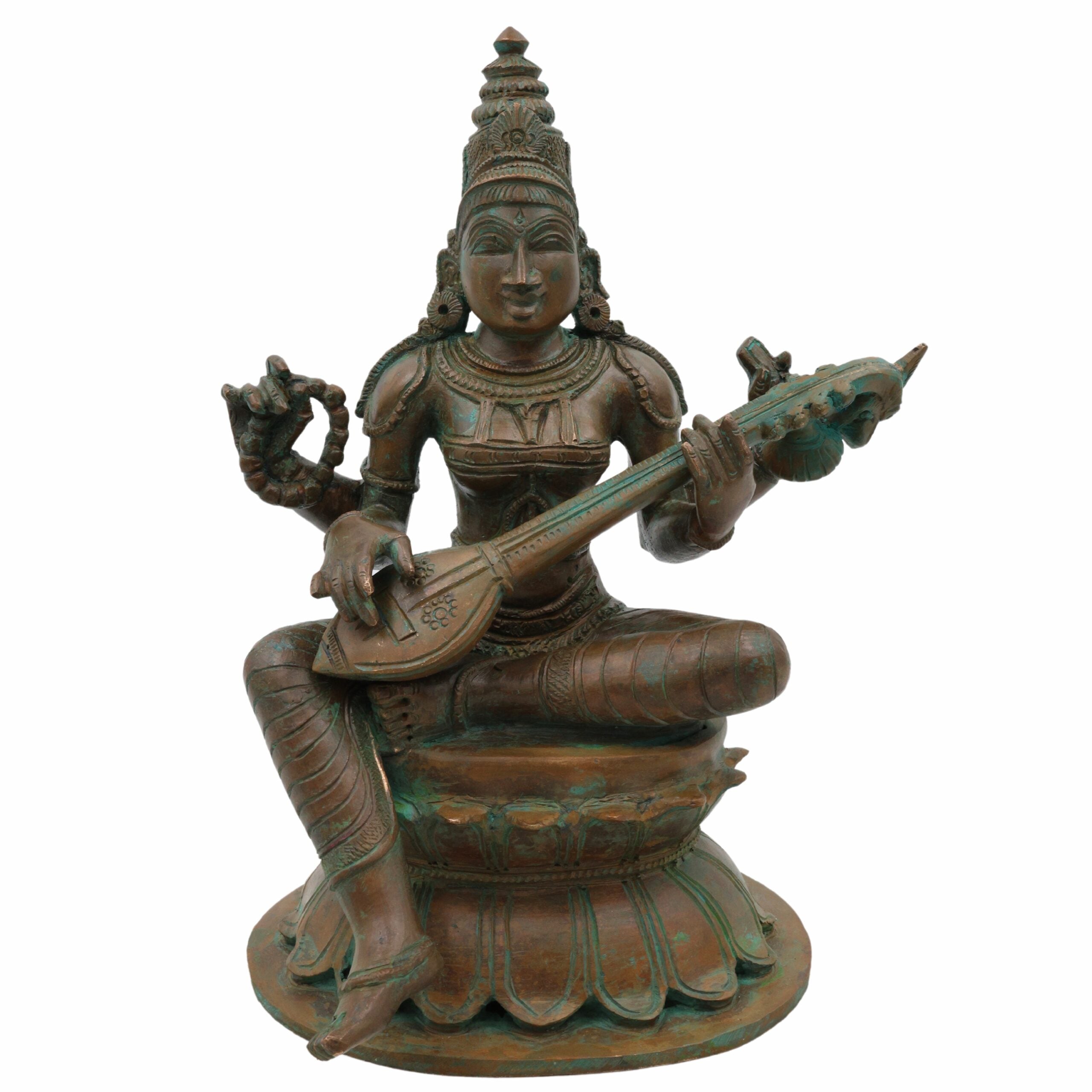 Bronze Panchadhatu Saraswati Murti, Vidya Devi Idol, Saraswati Statue for Home, Temple & Pooja Decor, Brown, 9 Inch, 1 Piece