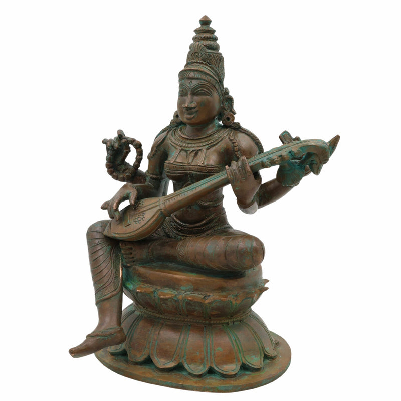 Bronze Panchadhatu Saraswati Murti, Vidya Devi Idol, Saraswati Statue for Home, Temple & Pooja Decor, Brown, 9 Inch, 1 Piece