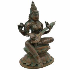 Bronze Panchadhatu Saraswati Murti, Vidya Devi Idol, Saraswati Statue for Home, Temple & Pooja Decor, Brown, 9 Inch, 1 Piece