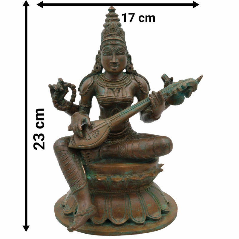 Bronze Panchadhatu Saraswati Murti, Vidya Devi Idol, Saraswati Statue for Home, Temple & Pooja Decor, Brown, 9 Inch, 1 Piece