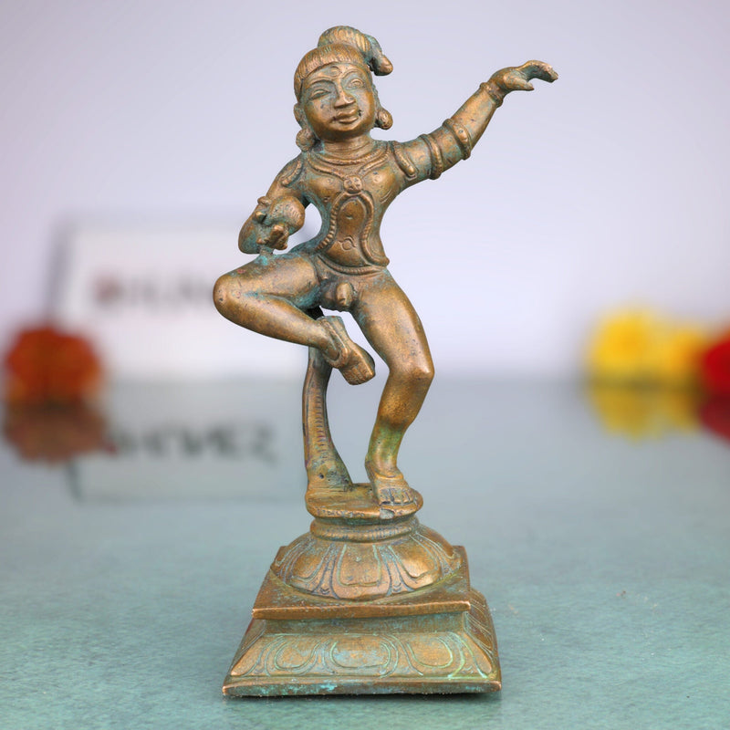 Handcrafted Panchaloha Ladoo Gopal Idol | Bal Krishna, Makhan Chor, Navneet Chora Bronze Statue for Puja & Home Decor, Brown, 6.5 Inch, 1 Piece