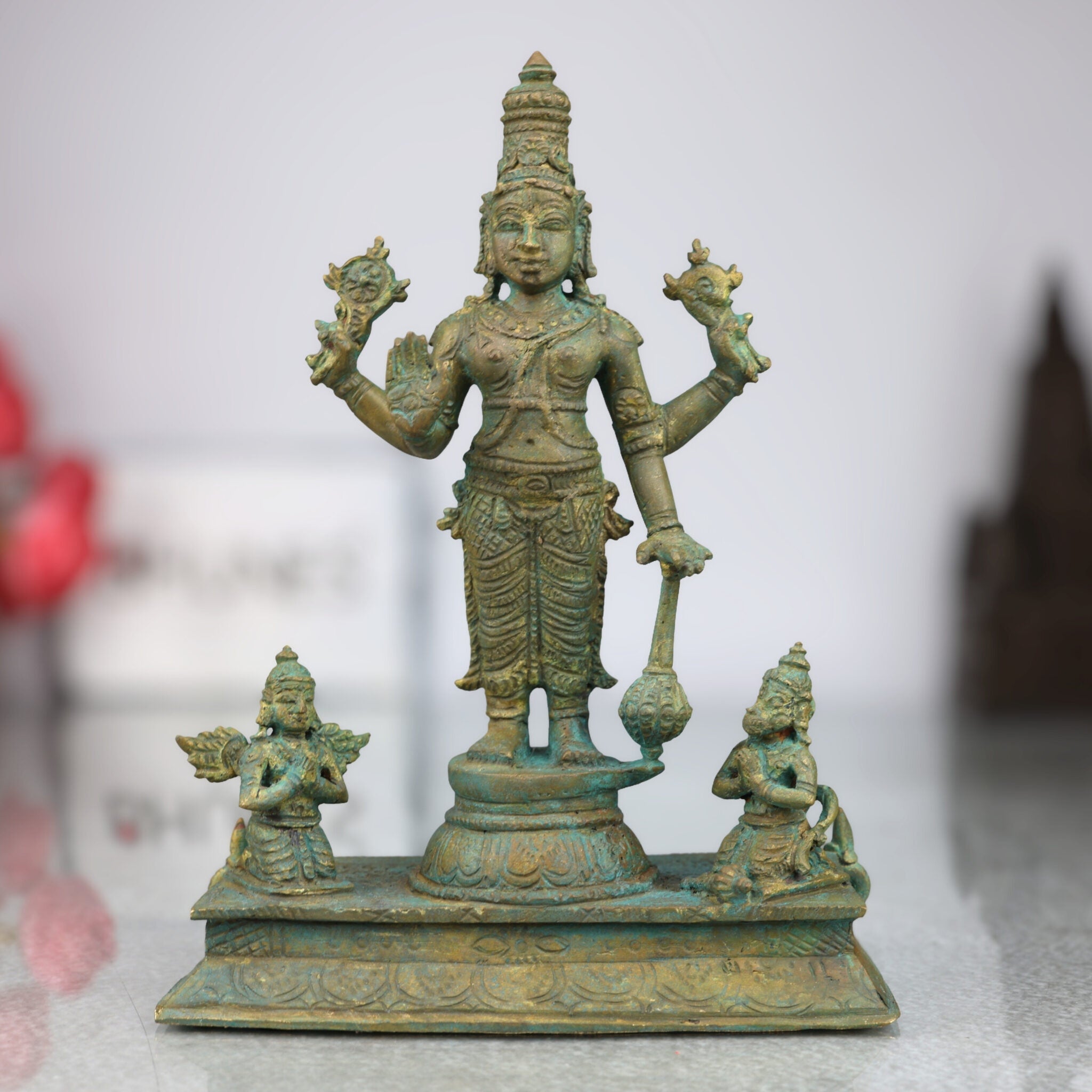 Bronze Vishnu Idol with Garud Dev and Hanuman in Antique Style, Panchaloha Narayan Vigraha, Panchadhatu Sri Vishnu Murti for Pooja and Decor, Brown, 7 Inch, 1 Piece
