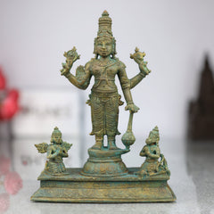Bronze Vishnu Idol with Garud Dev and Hanuman in Antique Style, Panchaloha Narayan Vigraha, Panchadhatu Sri Vishnu Murti for Pooja and Decor, Brown, 7 Inch, 1 Piece