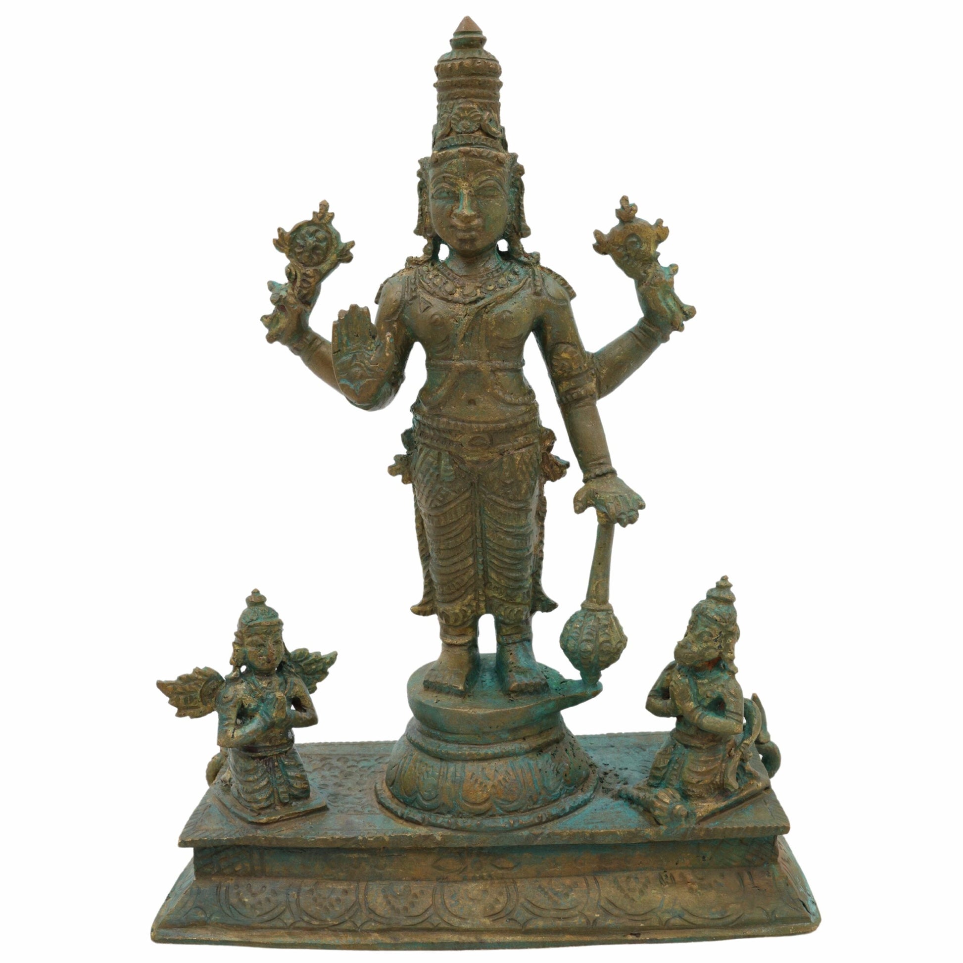 Bronze Vishnu Idol with Garud Dev and Hanuman in Antique Style, Panchaloha Narayan Vigraha, Panchadhatu Sri Vishnu Murti for Pooja and Decor, Brown, 7 Inch, 1 Piece
