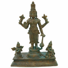Bronze Vishnu Idol with Garud Dev and Hanuman in Antique Style, Panchaloha Narayan Vigraha, Panchadhatu Sri Vishnu Murti for Pooja and Decor, Brown, 7 Inch, 1 Piece
