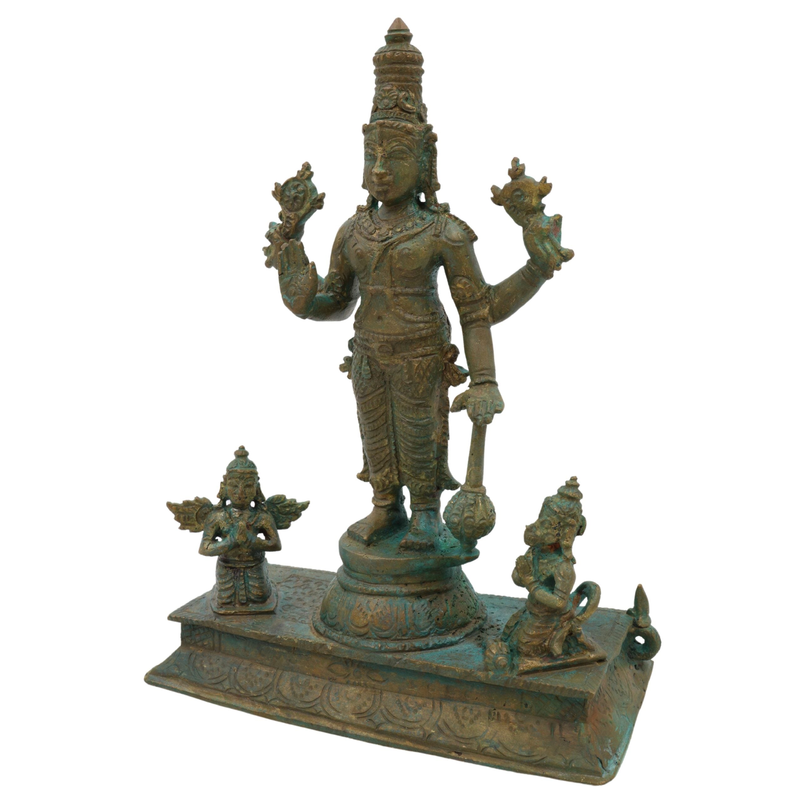 Bronze Vishnu Idol with Garud Dev and Hanuman in Antique Style, Panchaloha Narayan Vigraha, Panchadhatu Sri Vishnu Murti for Pooja and Decor, Brown, 7 Inch, 1 Piece