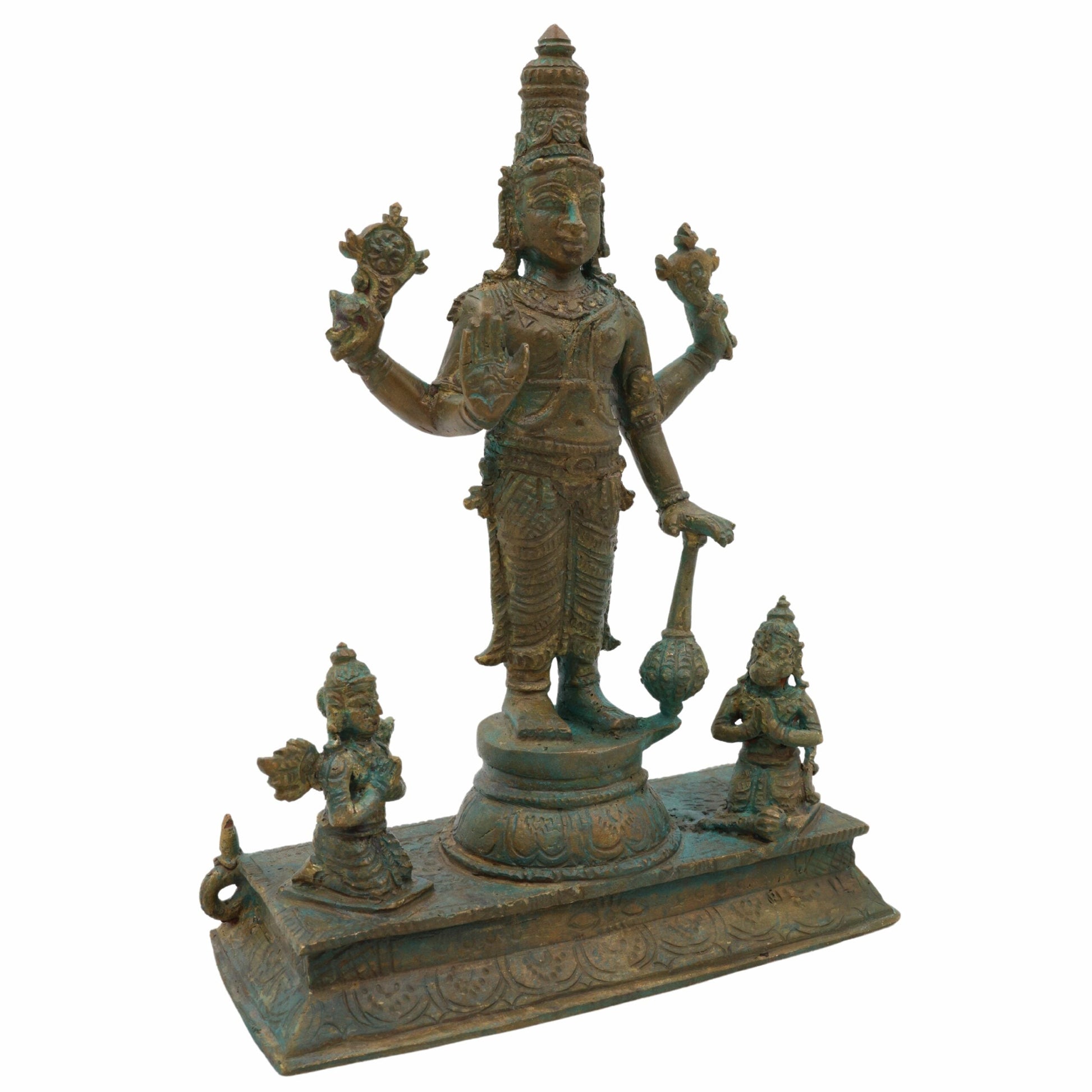 Bronze Vishnu Idol with Garud Dev and Hanuman in Antique Style, Panchaloha Narayan Vigraha, Panchadhatu Sri Vishnu Murti for Pooja and Decor, Brown, 7 Inch, 1 Piece