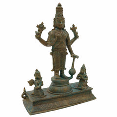 Bronze Vishnu Idol with Garud Dev and Hanuman in Antique Style, Panchaloha Narayan Vigraha, Panchadhatu Sri Vishnu Murti for Pooja and Decor, Brown, 7 Inch, 1 Piece