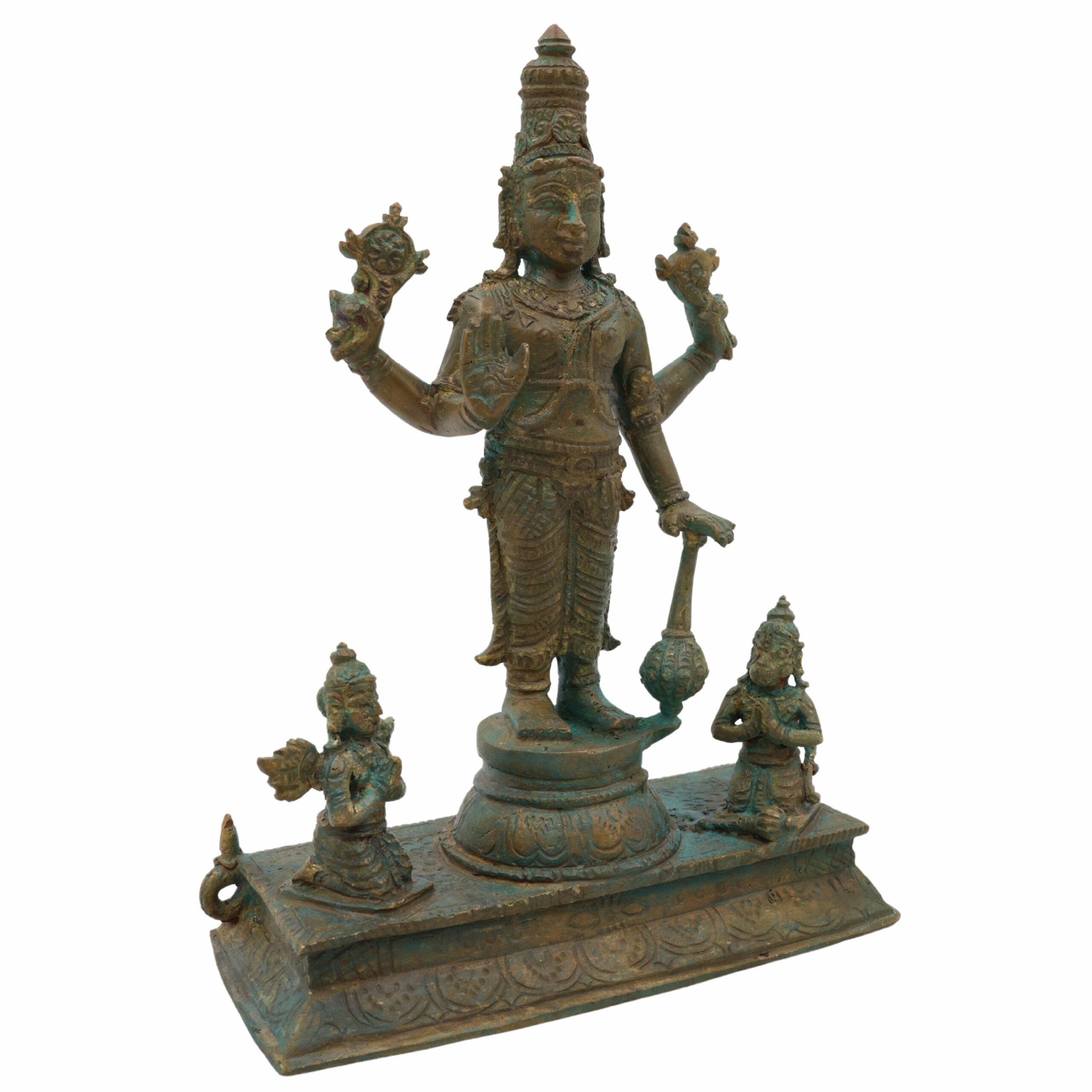 Bronze Vishnu Idol with Garud Dev and Hanuman in Antique Style, Panchaloha Narayan Vigraha, Panchadhatu Sri Vishnu Murti for Pooja and Decor, Brown, 7 Inch, 1 Piece